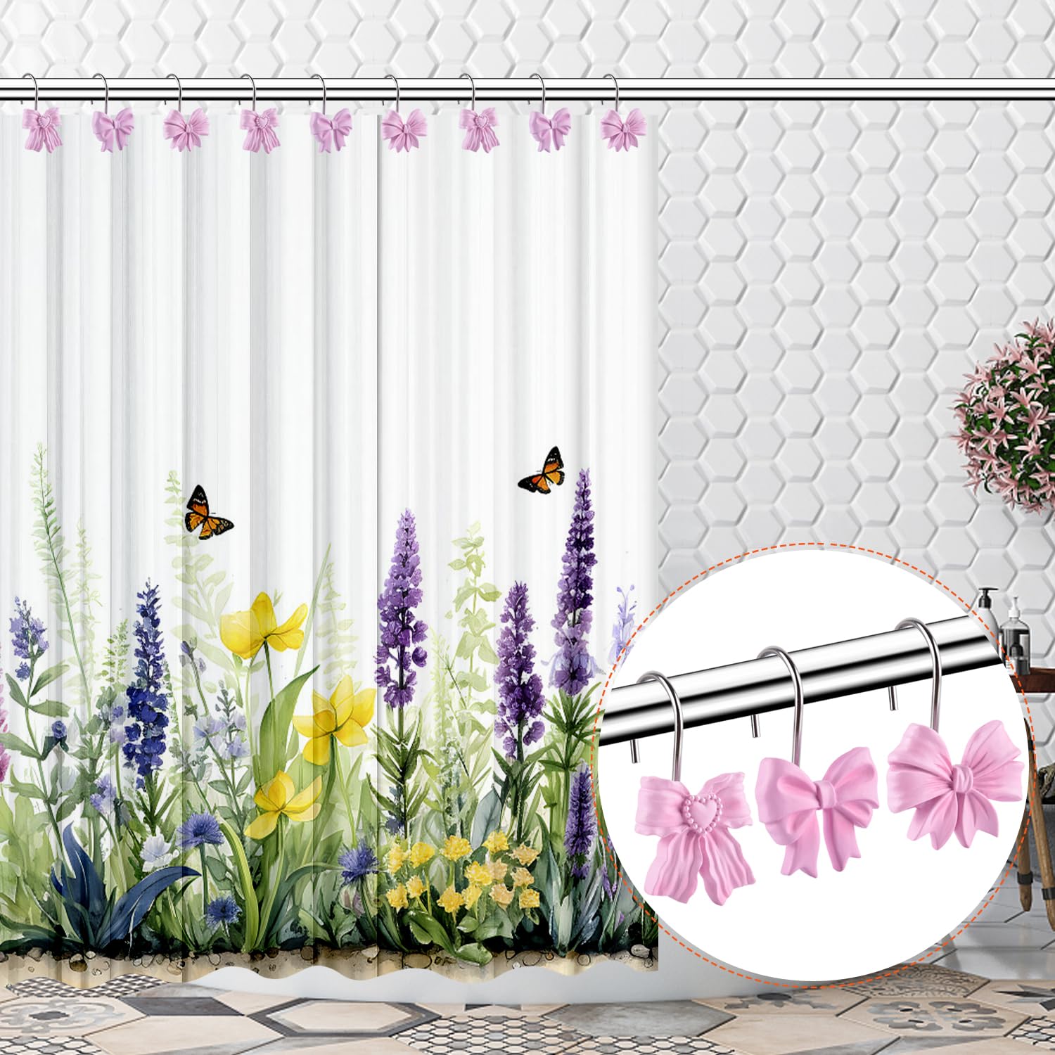 12PCS Pink Bow Knot Resin Shower Curtain Hooks & Rings - Waterproof Bathroom Accessories for Baby Nursery, Kids Room Decor (Perfect for Themed Bathrooms & Children's Bedroom Decorations)