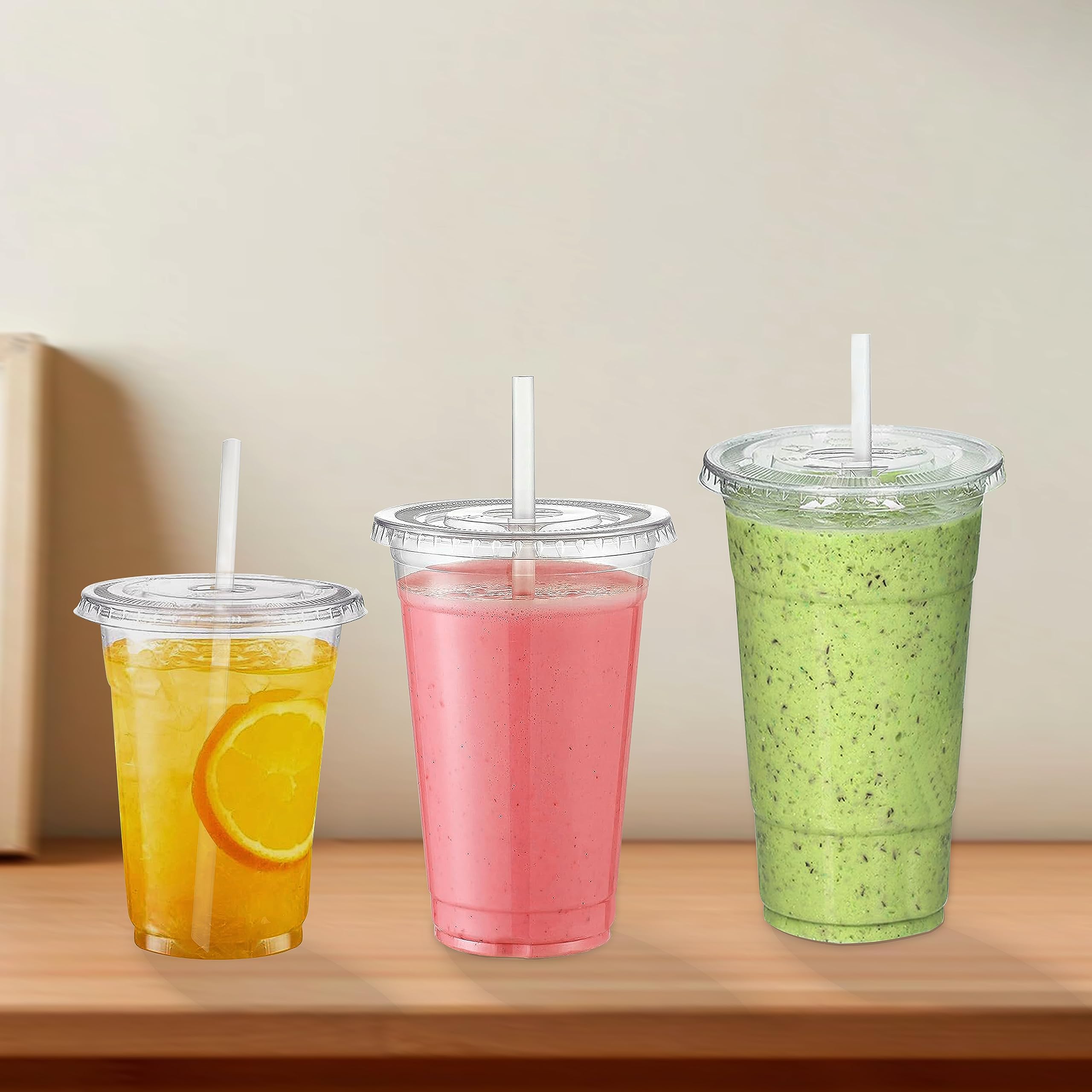 16 oz Clear Plastic Cups with Lids and Straws - 100 Sets (100 Cups, 100 Flat Lids, 100 Straws) | Disposable Iced Coffee Cups for Parties, Picnics, and Takeout Drinks
