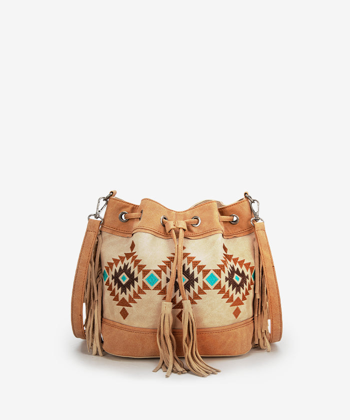 Montana West Aztec Fringe Bucket Bag Set for Women - Stylish Leather Crossbody Purse with Adjustable Strap, Perfect for Travel, Shopping & Everyday Use