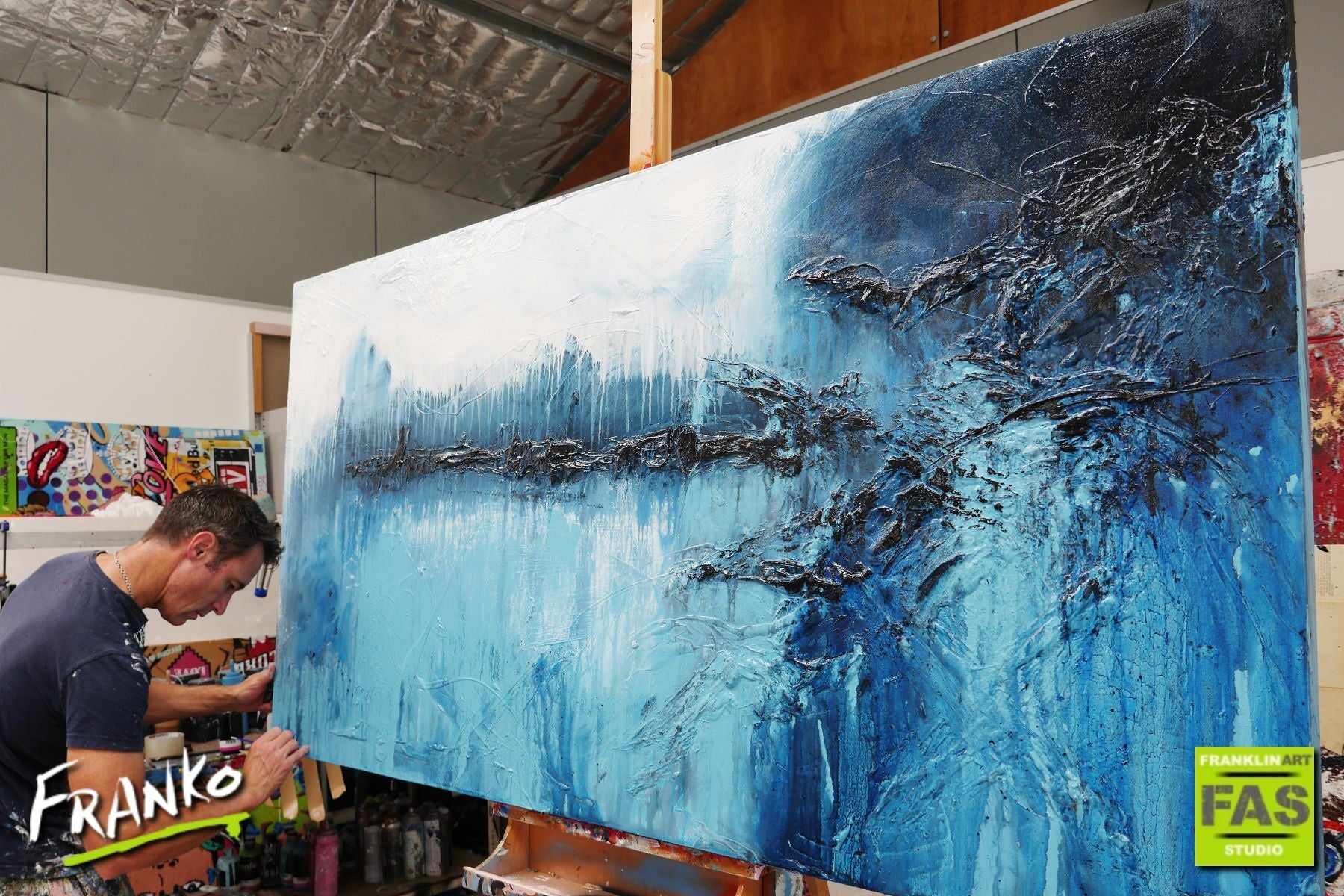 Blue Drifter 190cm x 100cm White Blue Abstract Canvas Wall Art - Modern Home Decor for Living Room, Bedroom & Office