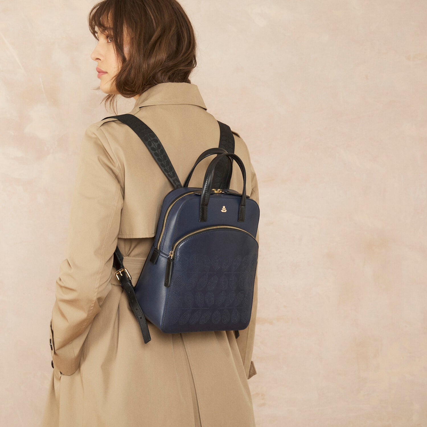 Emilia Petite Backpack for Women - Navy Blue Floral Embossed Design, Small Crossbody Bag for Travel, Work & Daily Use