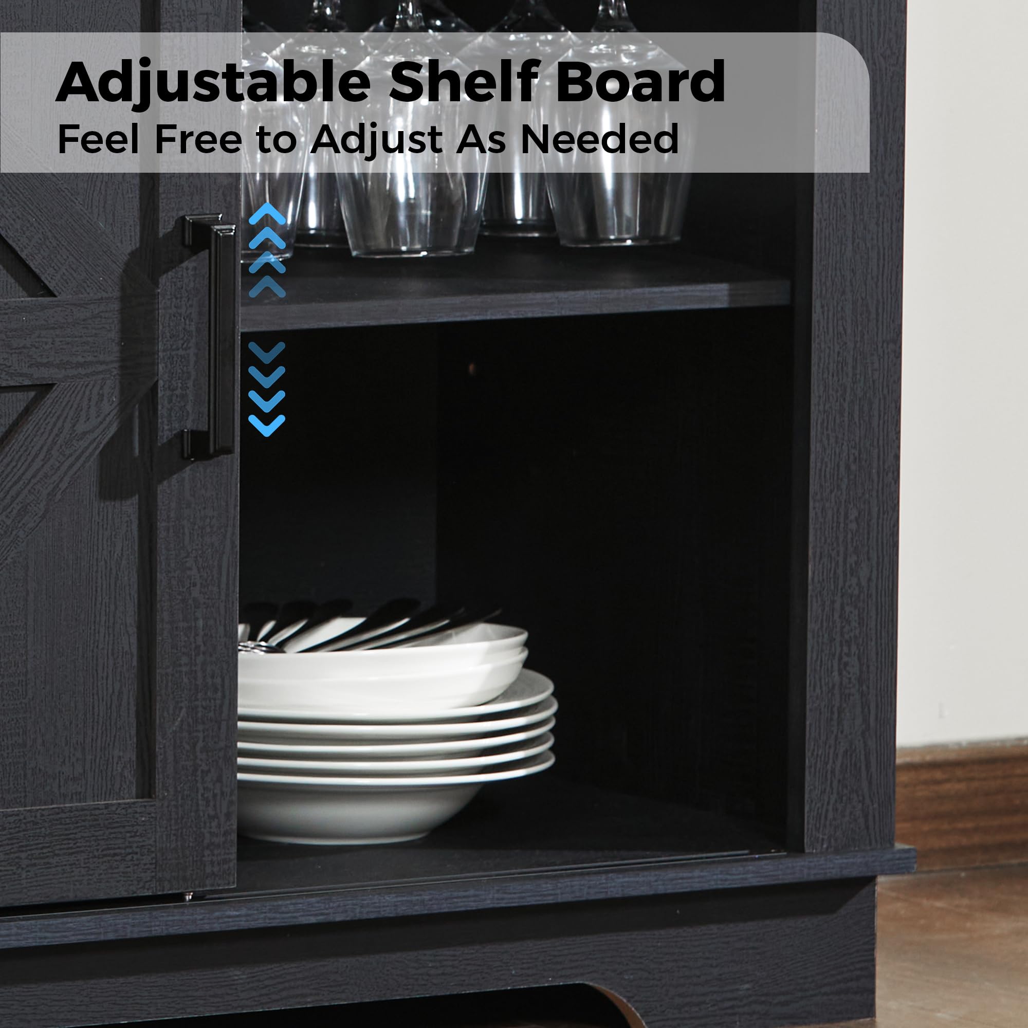 Farmhouse Buffet Cabinet with Storage - Coffee Bar Sideboard with Goblet Holder, Drawers & Barn Doors - Perfect for Kitchen, Dining Room & Living Room Decor - Black Rustic Storage Cabinet for Wine Glasses, Dishes & Entertaining Essentials