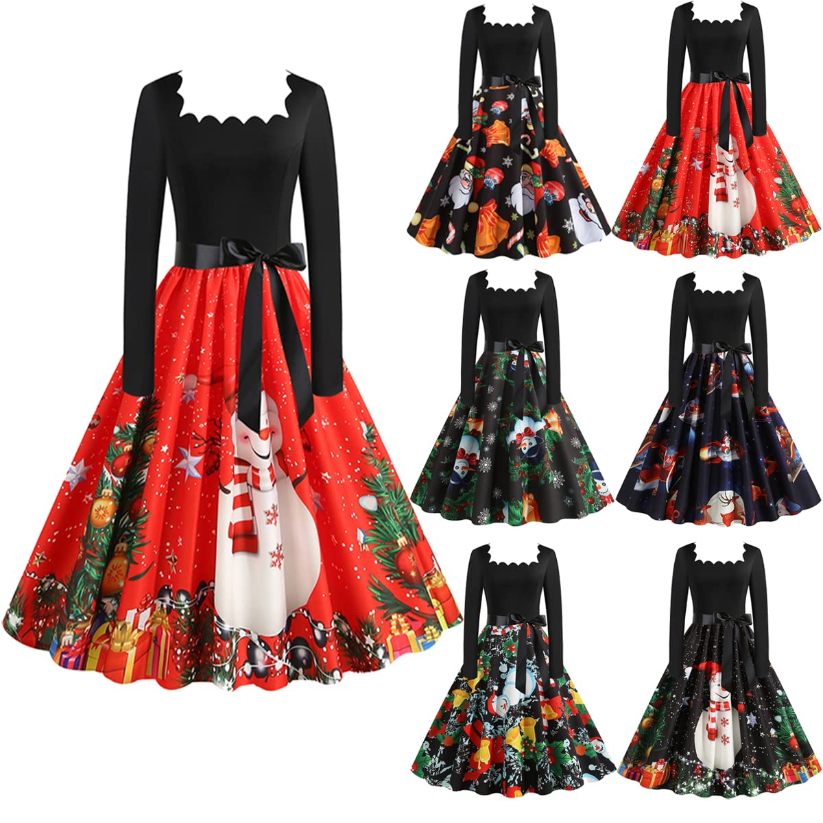 Vintage Christmas Dresses for Women - Long Sleeve Skater Swing Dress Retro A-Line Pleated Maxi Dress with Belt | Holiday Party, Family Gathering, Christmas Photo Shoot