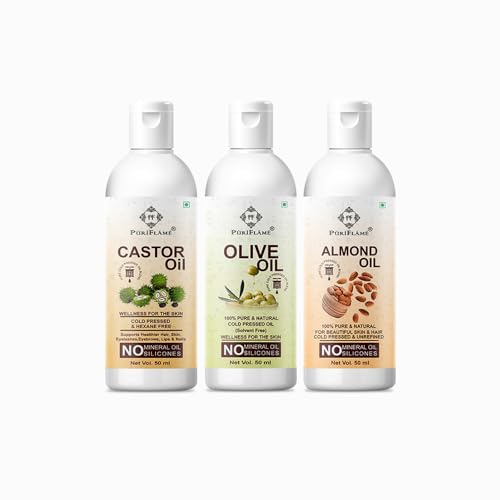 PuriFlame 100% Pure Castor Oil, Olive Oil & Almond Oil Combo Set (3x50ml) - Natural Hair Growth Treatment for Thicker, Stronger & Shinier Hair - Reduces Hair Fall & Split Ends - Perfect for Daily Hair Care, Scalp Massage & DIY Beauty Treatments