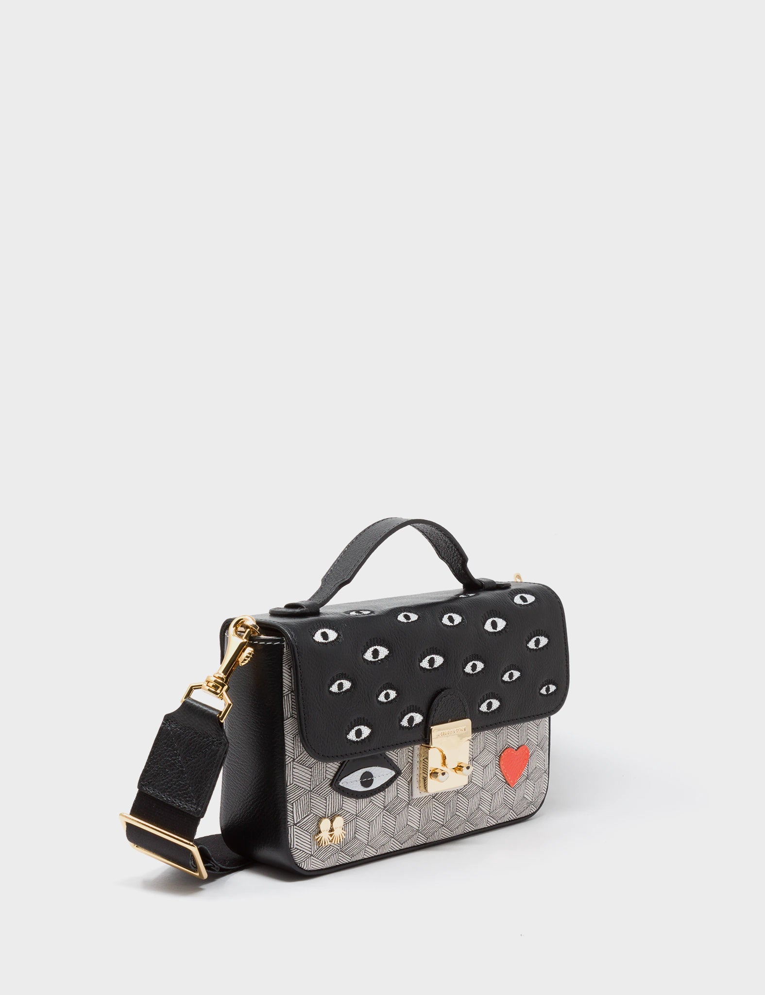 Amantis Black and Cream Leather Crossbody Mini Handbag with All Over Eyes Embroidery - Stylish Small Purse for Women, Perfect for Date Night, Parties, and Everyday Use
