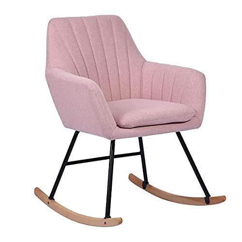 Modern Upholstered Rocking Armchair with Solid Wood Legs - Pink Accent Chair for Nursery, Living Room, Bedroom & Office - Comfortable Small Space Rocker for Relaxing, Nursing & Reading
