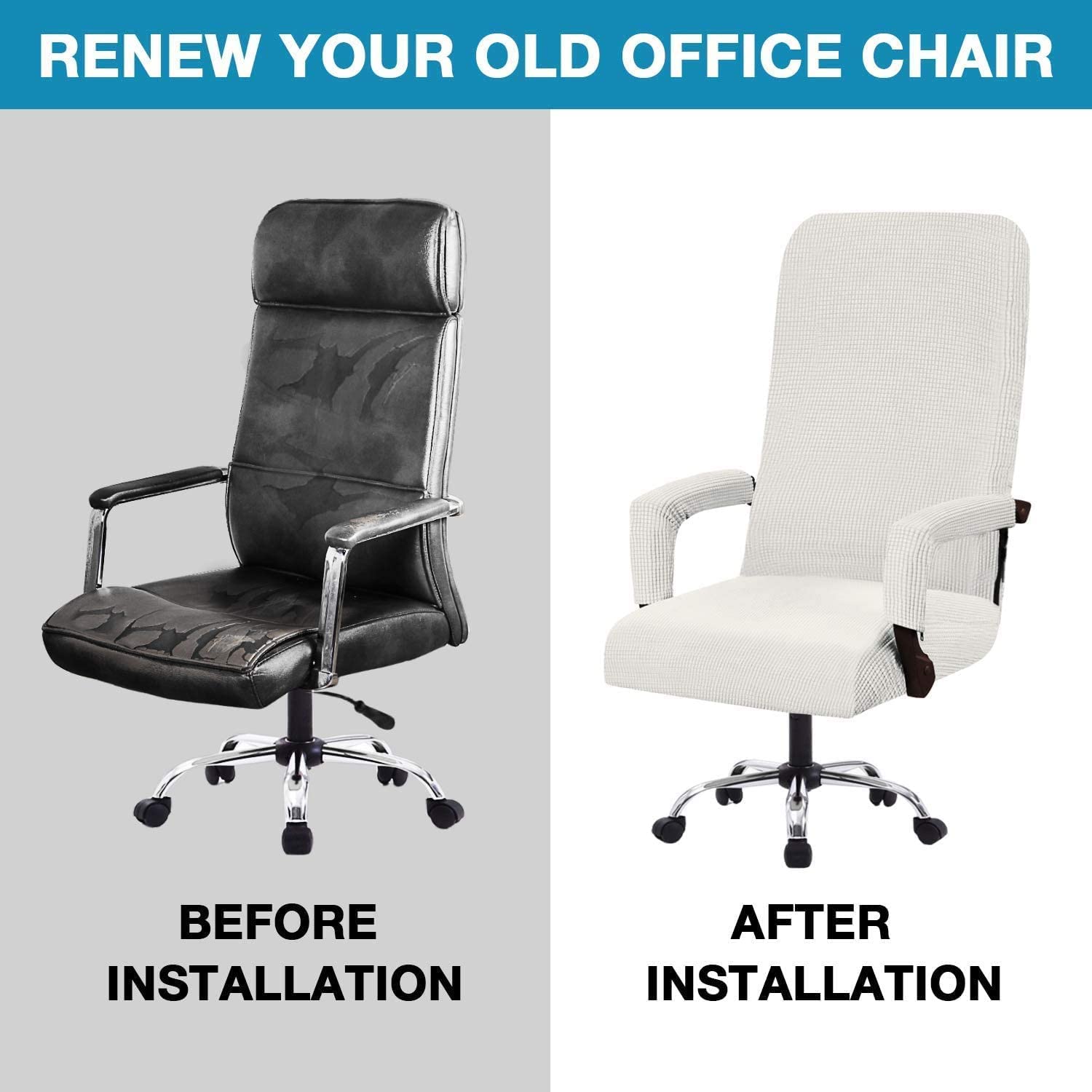 YYHSND Universal Stretch Office Chair Cover - Breathable Checked Jacquard Fabric, High Back Design with 2 Arm Covers (Off White, Large) - Perfect for Home Office, Gaming Chair & Computer Desk Setup