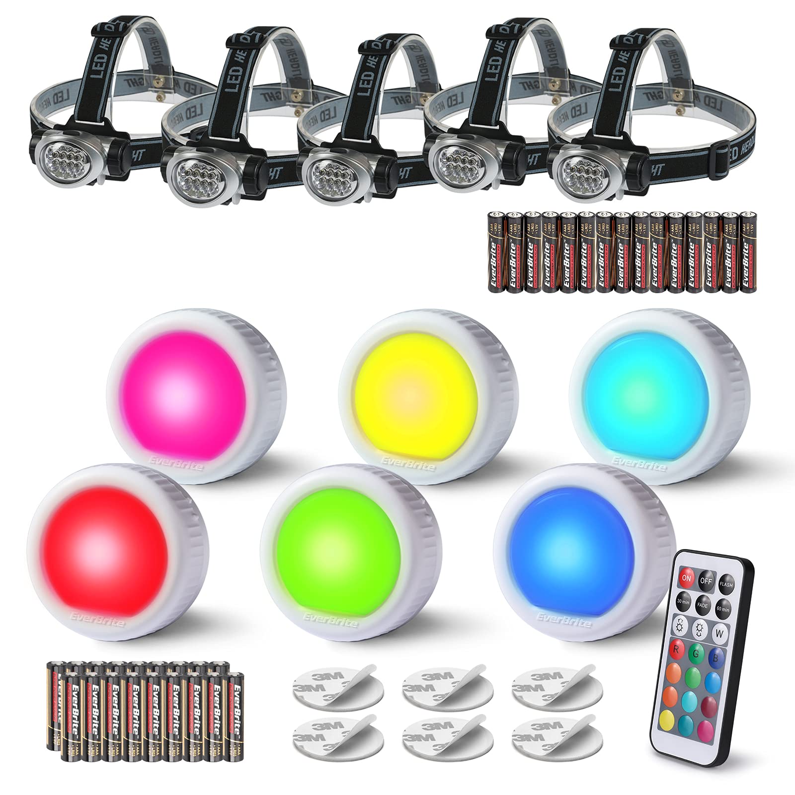 EverBrite 5-Pack LED Headlamp Flashlight & 6-Piece Tap Light Set with AAA Batteries - Perfect for Camping, Hiking, Emergency Kits, and Home Use