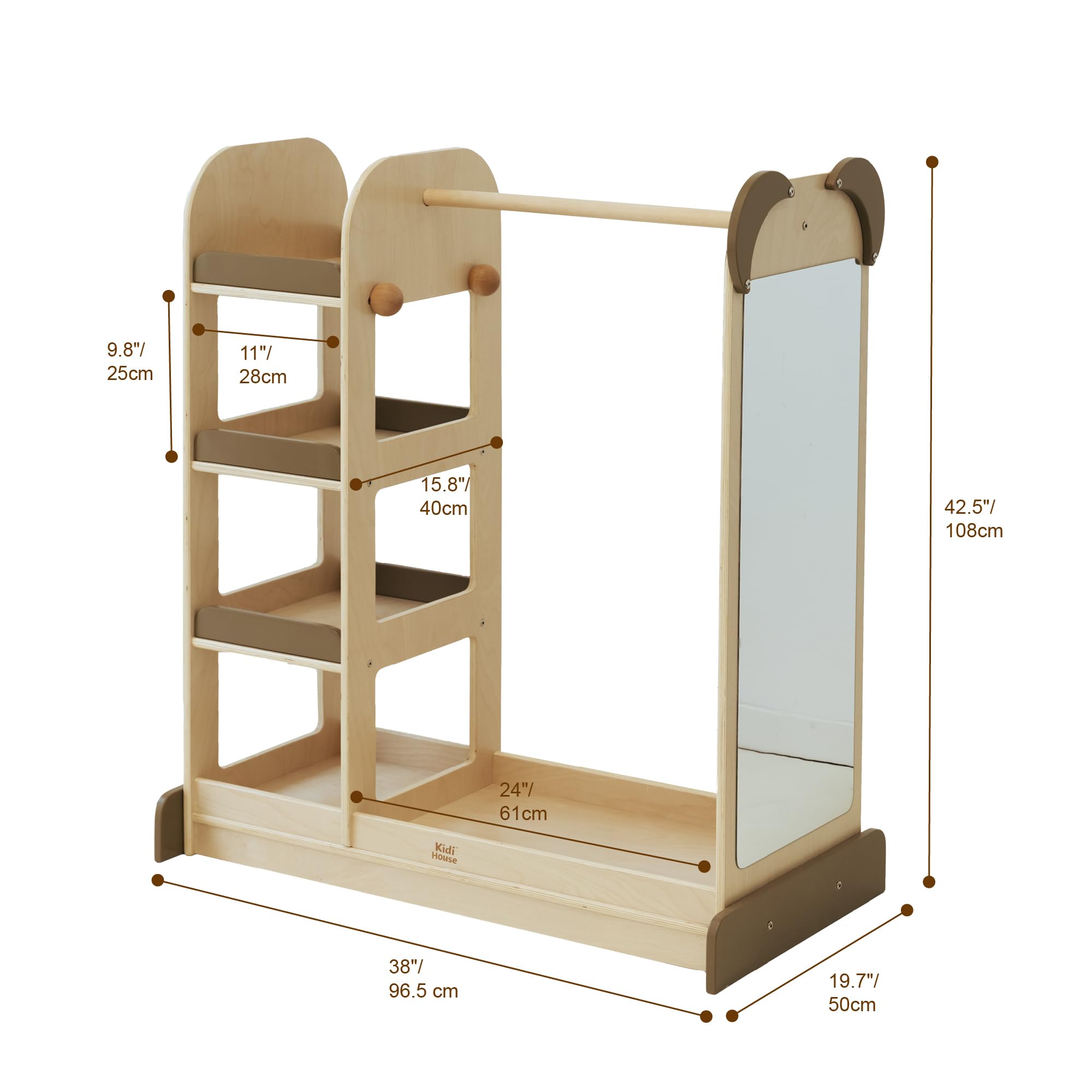 Wooden Kids Costume Organizer with Mirror - 4-Tier Toddler Clothing Rack & Open Hanging Wardrobe for Girls & Boys | Montessori Furniture for Dress Up Storage | Perfect for Bedroom, Playroom & Nursery Organization