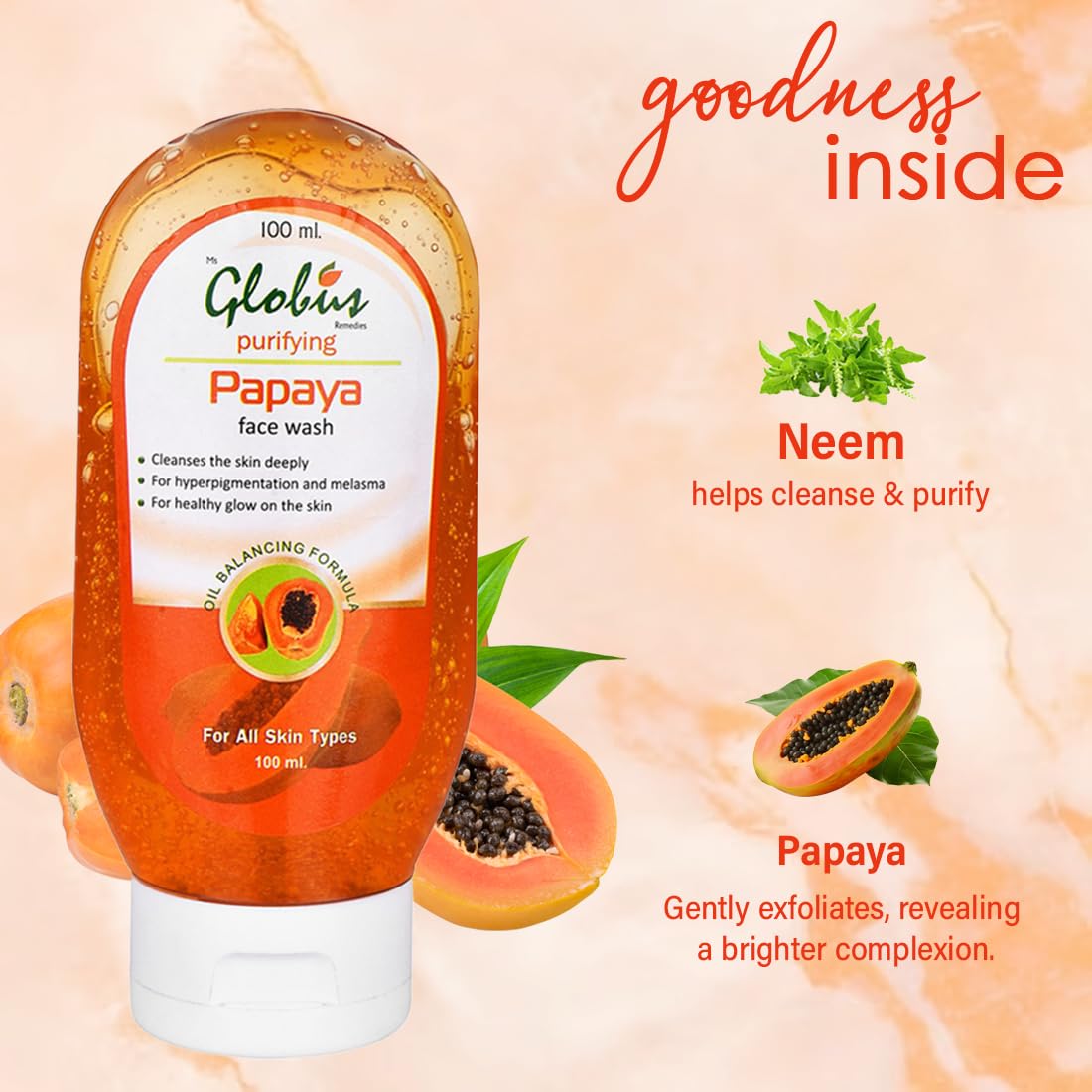 Globus Papaya Purifying Face Wash for Acne & Oily Skin - 100ml (Pack of 4) | Deep Cleansing & Brightening Facial Cleanser | Daily Skincare Routine for Women & Men