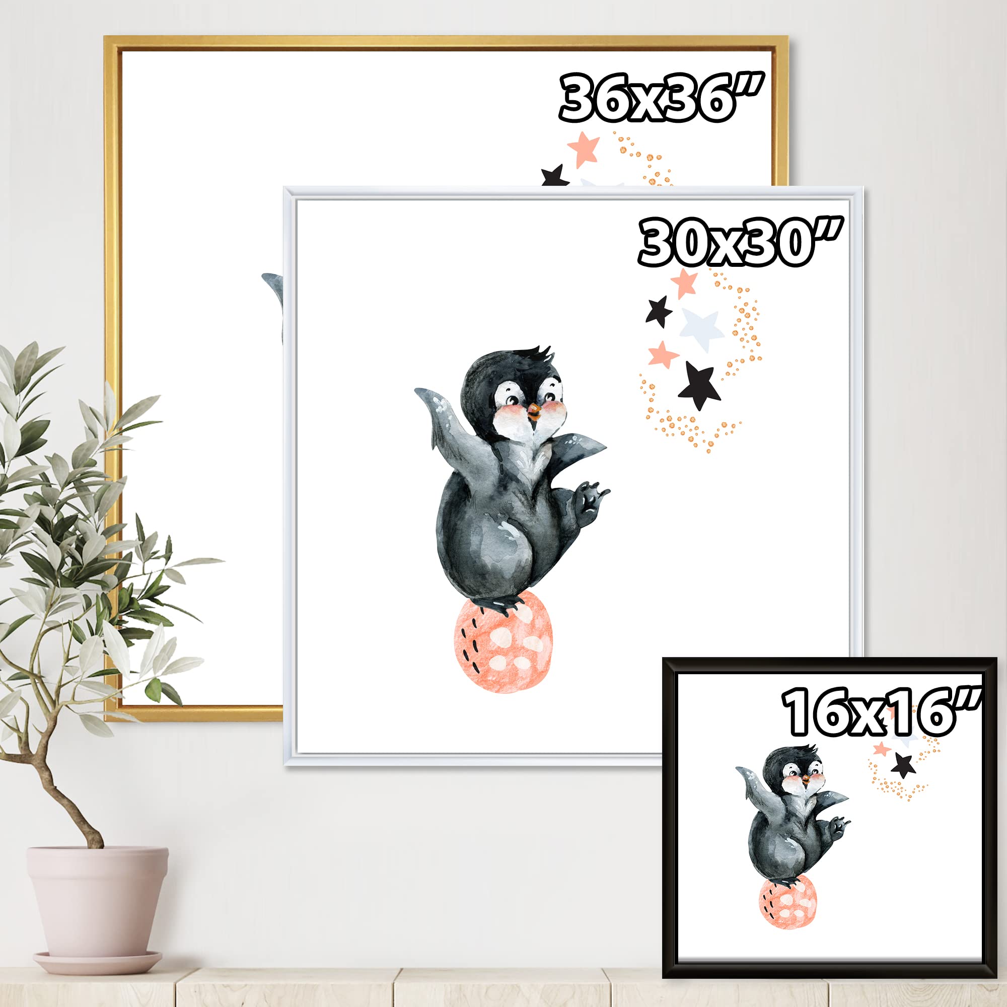 DesignQ Little Penguin With Stars and Planets II - Framed Canvas Wall Art Print for Nursery, Kids Room Decor, Farmhouse Style Home Decor - Perfect for Baby Shower Gifts & Children's Bedroom