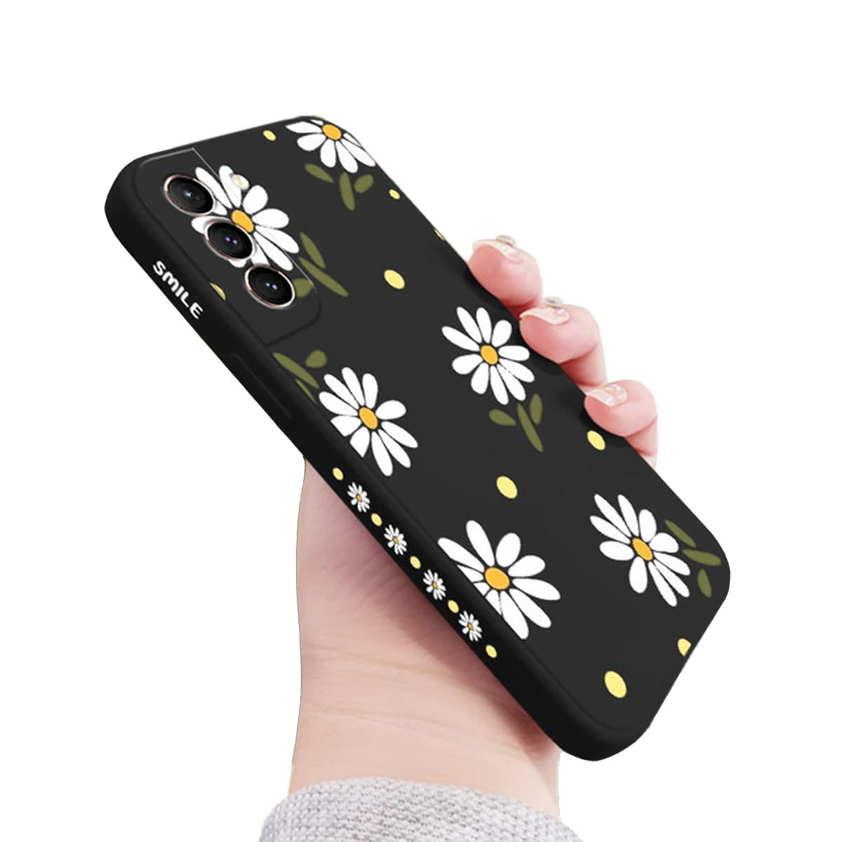 Cute Daisy Pattern Galaxy S21+ Plus Case - Slim Shockproof TPU Bumper with Full Camera Lens Protection, Liquid Silicone Protective Cover for Samsung Galaxy S21+ Plus 5G (6.7 Inch) - Perfect for Everyday Use, Travel & Outdoor Activities - Black