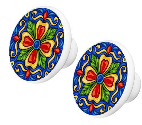 Set of 2 Mexican Talavera Ceramic Drawer Knobs - Hand-Painted Cabinet Hardware for Kitchen, Bathroom & Furniture (Pattern #12) - Vintage Style Home Decor Upgrade