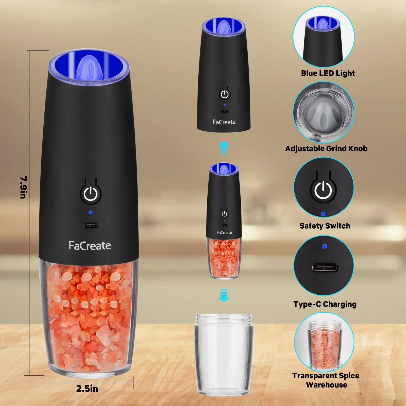 UPGRADED USB Rechargeable Electric Salt and Pepper Grinder Set - Battery Powered Automatic Mill with Adjustable Coarseness & LED Light - 2 Pack Black for Kitchen, Dining Table, Camping & Gifts