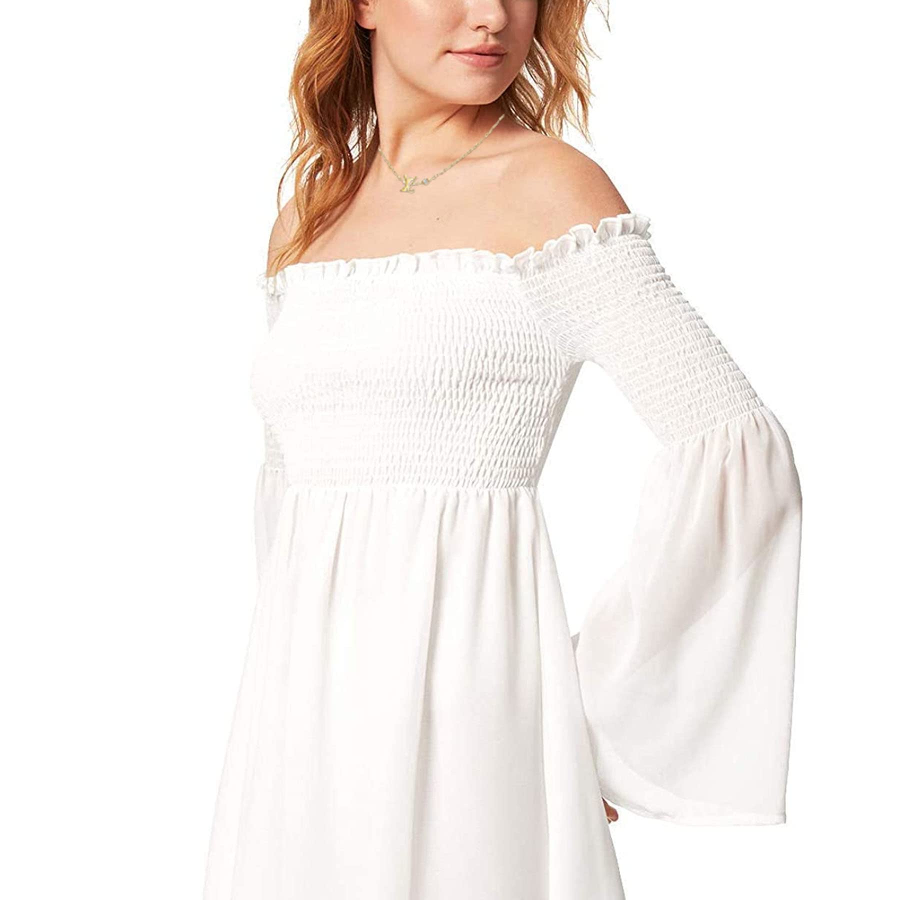 Women's Summer Floral High Waist Dress - Ruched Flared Sleeve Off Shoulder Flowy Maxi Dress for Beach, Vacation & Date Night | Casual Boho Chic Style