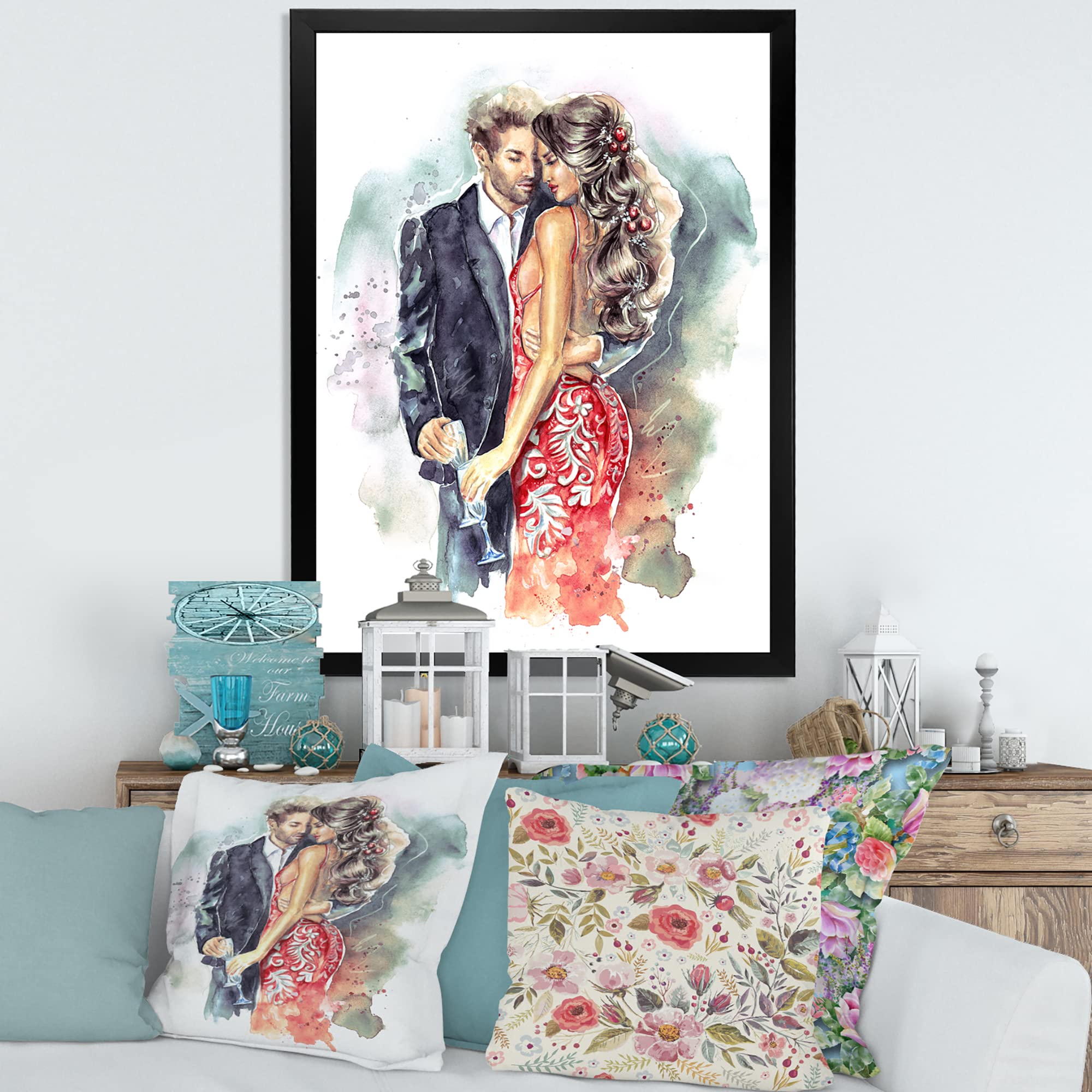 Romantic Couple with Champagne Glasses New Year Wall Art - Elegant Framed Home Decor for Living Room, Bedroom & Wedding Anniversary Gifts