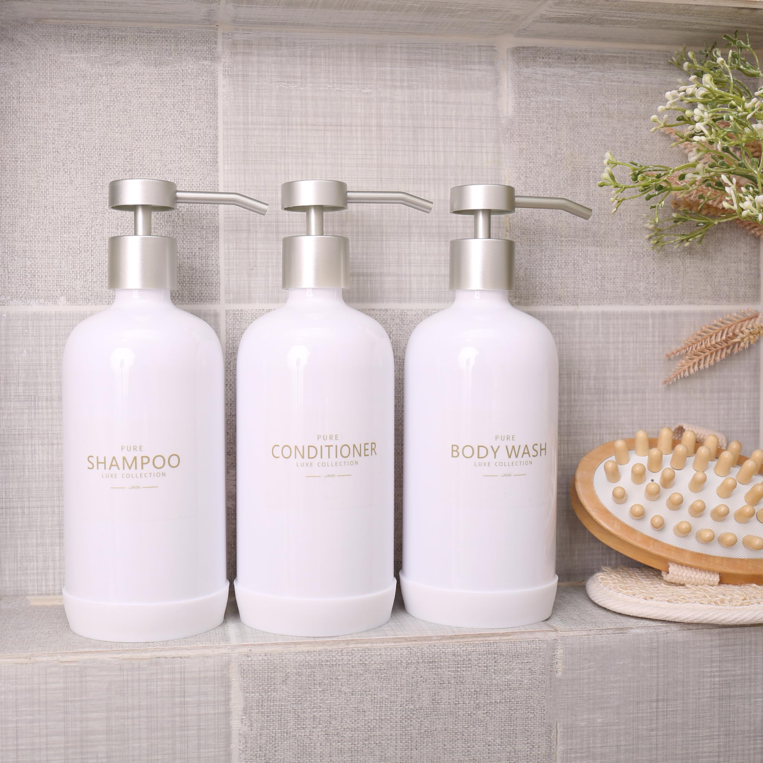 Janxin Refillable Shampoo and Conditioner Dispenser Set - 600ml Shower Bottles with Waterproof Labels (White Bottles + Silver Pumps) for Bathroom Organization & Spa-Like Shower Experience