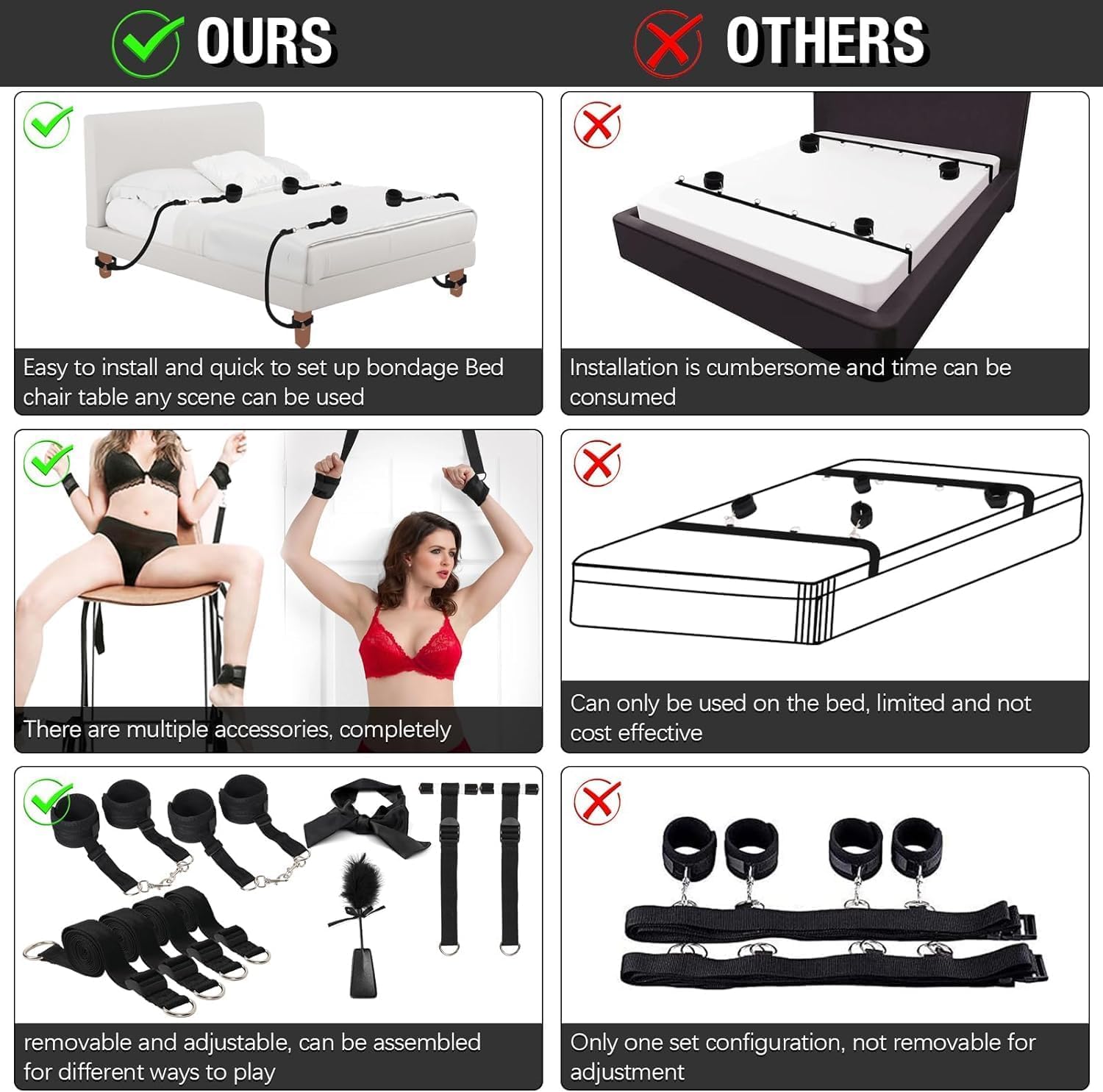 BDSM Bondage Restraints Hogtie Set - 4 Adjustable Bed Restraints & Door Hanging Swing Straps Kit with Handcuffs, Blindfold & Tickler for Couples | Adult Sex Toys for Bedroom Bondage Games & Spicing Up Intimacy