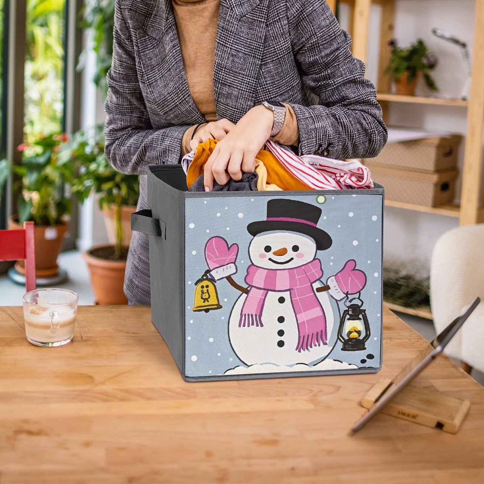 1PCS Foldable Storage Bin with Handle - Large Capacity Moving Box for Home Office Playroom Organization - Printed Snowy Night Design - Perfect for Toys, Books, Clothes & Household Items Storage