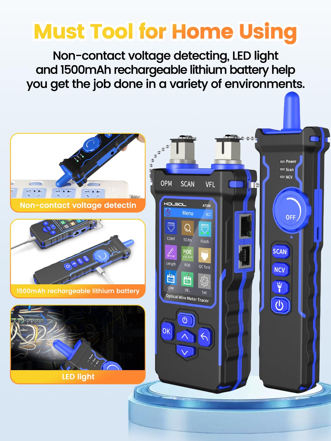 Professional Network Cable Tester with 7-Wavelength Optical Power Meter - CAT5/CAT6 Ethernet Tester, 10mW Visual Fault Locator, RJ11/RJ45 Connector - Lithium Battery PoE Wire Tracer with NCV & LED Light (Blue) - Ideal for IT Technicians, Network Installations & Home Office Setup