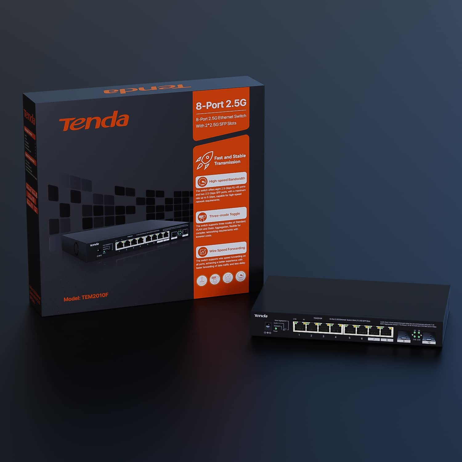 Tenda TEM2010F 10-Port 2.5G Multi-Gigabit Unmanaged Ethernet Switch with 2 SFP Ports, VLAN Support, Static Aggregation, 50Gbps Switching Capacity - Plug & Play for Home Office & Small Business Networks (Desktop/Wall Mount, Black)