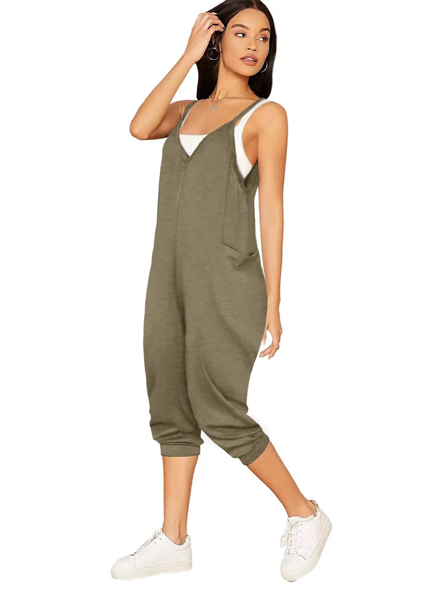 Women's Summer Spaghetti Strap Jumpsuit - Sleeveless V-Neck Casual Romper with Adjustable Thin Straps & Pockets | Perfect for Beach Vacations, Pool Parties & Summer Outings