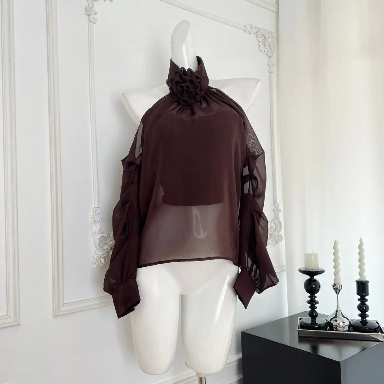 Elegant Autumn Brown Floral Long Sleeve Halter Blouse for Women - Fashionable Off Shoulder Pleated Pullover Shirt for Fall Festivals, Date Nights & Special Occasions