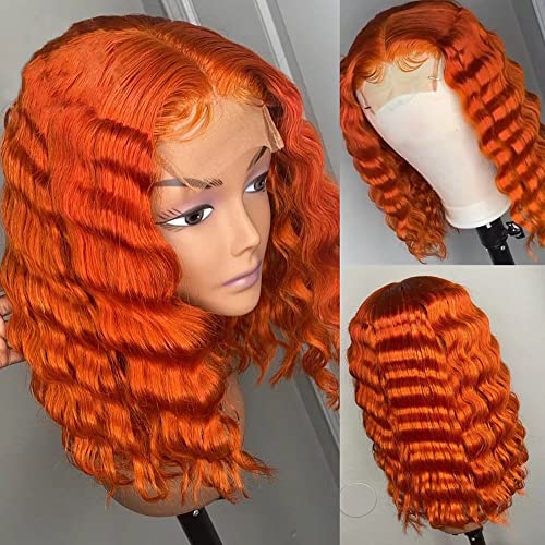 13x6 HD Transparent Lace Front Wig - Brazilian Remy Human Hair 150% Density, Water Wave Short Bob with Baby Hair, Glueless Natural Hairline (14 Inch, Orange) - Perfect for Black Women's Daily Wear, Cosplay & Special Occasions