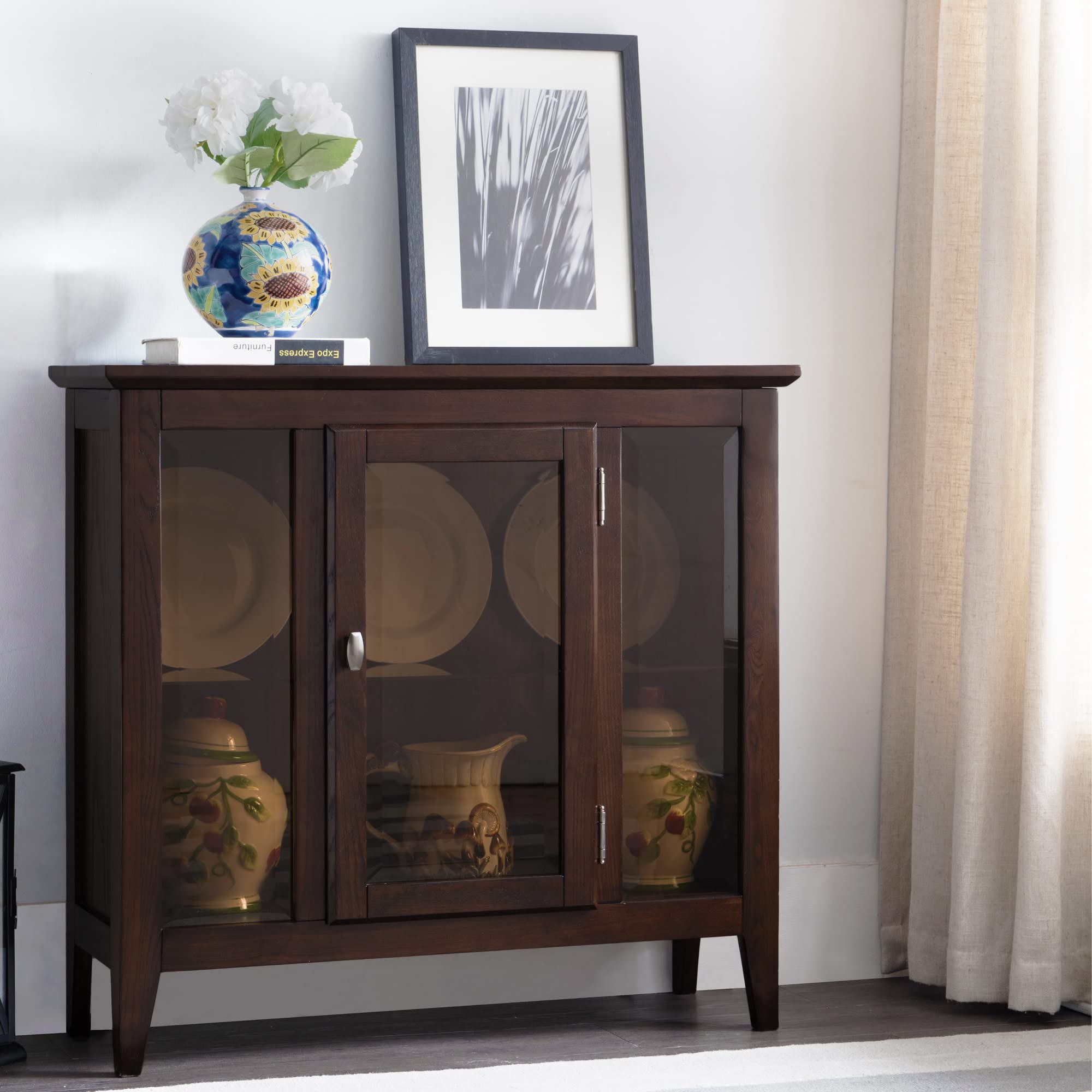 Ryan One Door Entryway Curio Cabinet - Lighted Display with Adjustable Glass Shelves, Solid Hardwood Chocolate Oak Brown Finish - Space-Saving Storage for Living Rooms, Hallways & Entryways - Perfect for Showcasing Collectibles, China, or Home Decor - Leick Home 10000-CH
