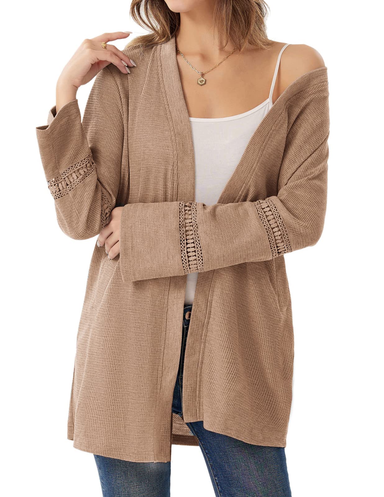 GRACE KARIN Women's Lightweight Loose Waffle Knit Open Front Long Cardigan Sweater with Pockets - Perfect for Casual Outfits, Layering in Fall & Spring, and Cozy Home Wear