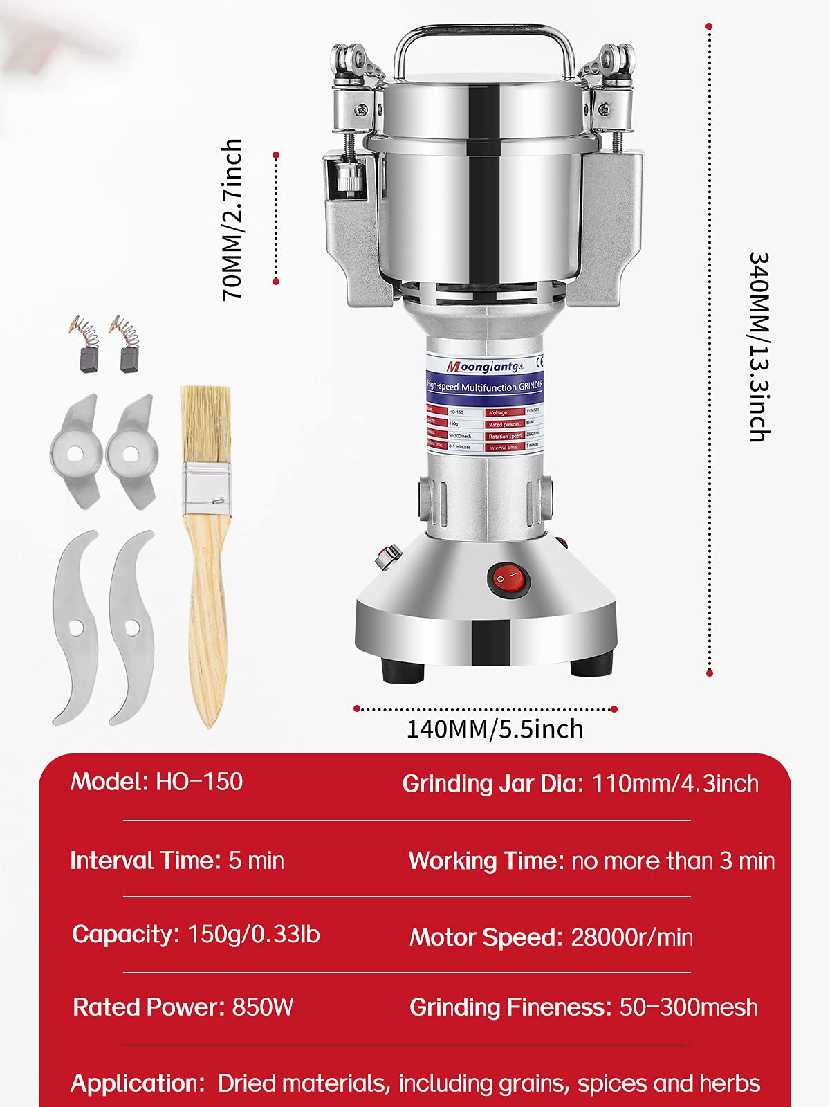 Moongiantgo 150g Electric Grain Grinder Mill - 220V Stainless Steel Herb & Spice Grinder, 50-300 Mesh Powder Machine for Cereal, Grains, Coffee, Nuts - Perfect for Home Kitchen & Commercial Use