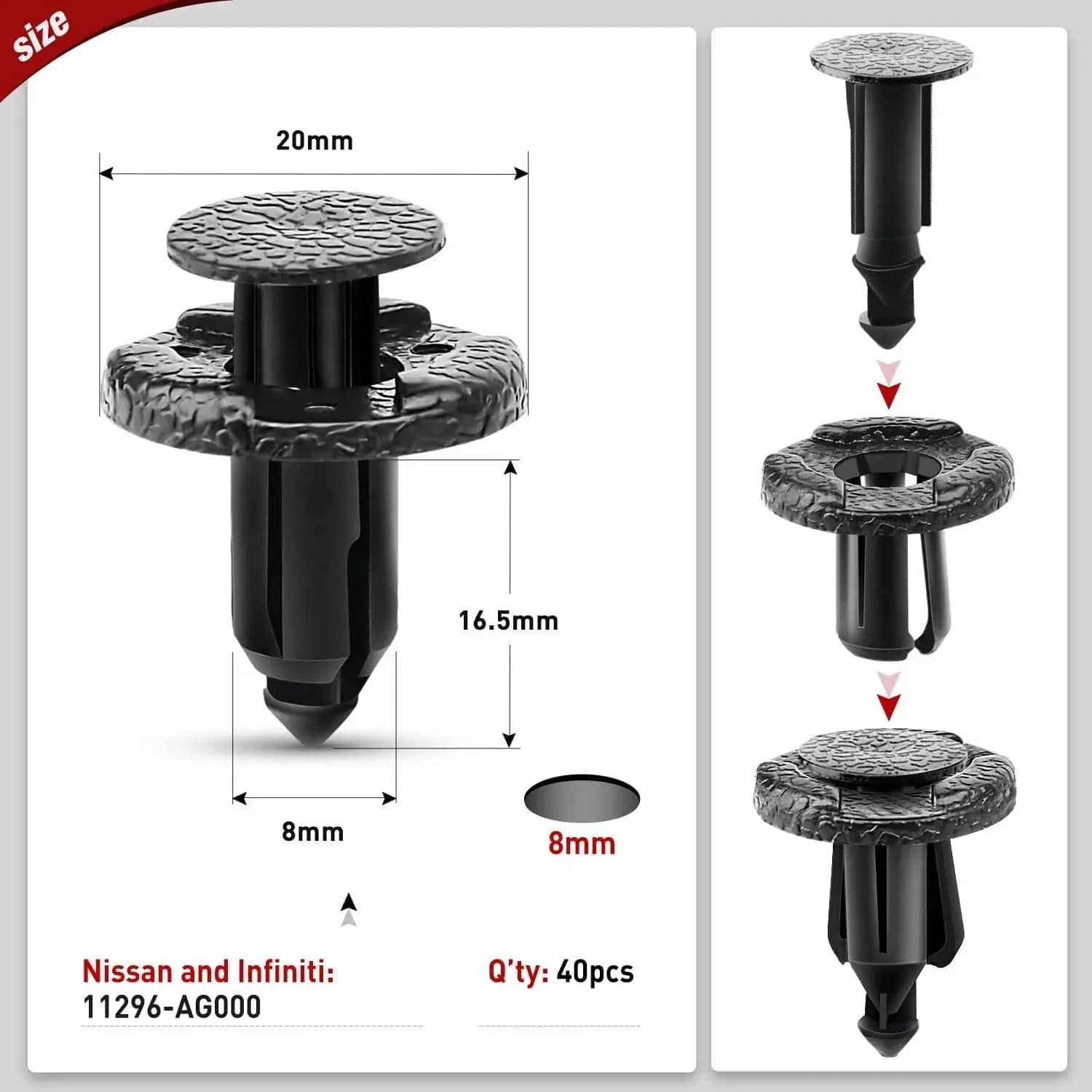 40 Pcs 20mm Hole 8mm Front Bumper & Radiator Support Push Retainer Clips 11296 AG000 - Compatible with Nissan & Infiniti Vehicles - Perfect for Bumper Repair & Radiator Installation