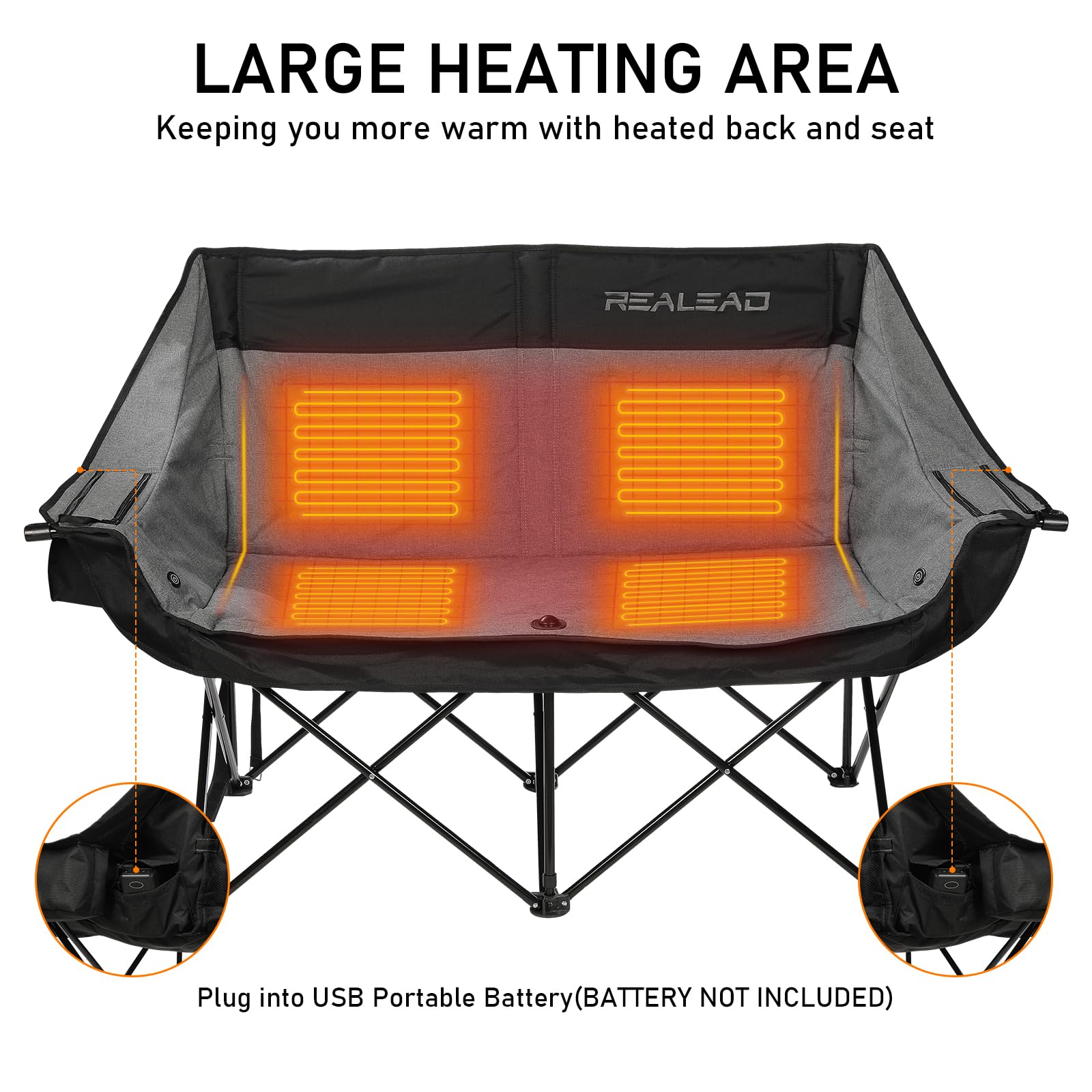 REALEAD Heated Double Camping Chair with 3 Heat Levels & 4 Heating Zones - 650lbs Capacity Portable Folding Loveseat for Couples - Perfect for Outdoor Camping, Hiking, Picnics, and Winter Sports (Battery Not Included)