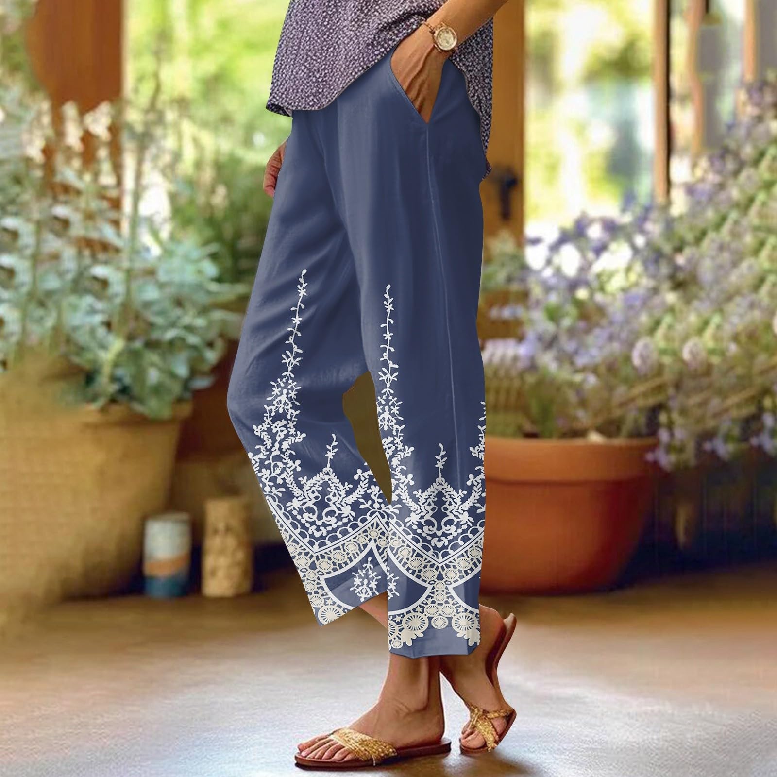 Women's High Waist Wide Leg Linen Pants with Pockets - Elastic Waistband, Striped Casual & Business Trousers for Work, Office & Everyday Wear
