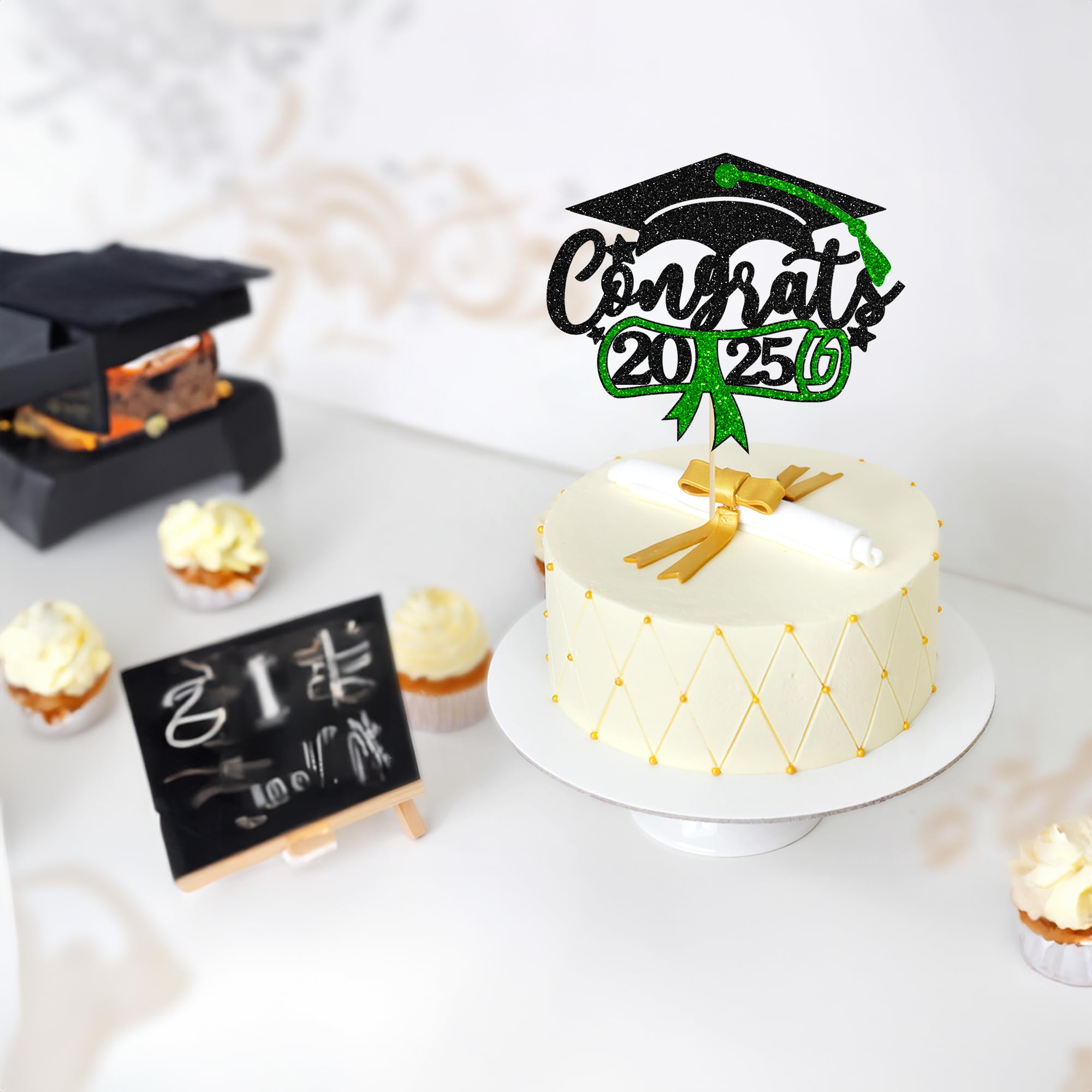 2025 Graduation Cake Topper - Green Glitter Congrats Grad Cap & Diploma Decor for Graduation Party Supplies | Perfect for 2025 Graduation Cakes, Cupcakes & Dessert Table Decorations