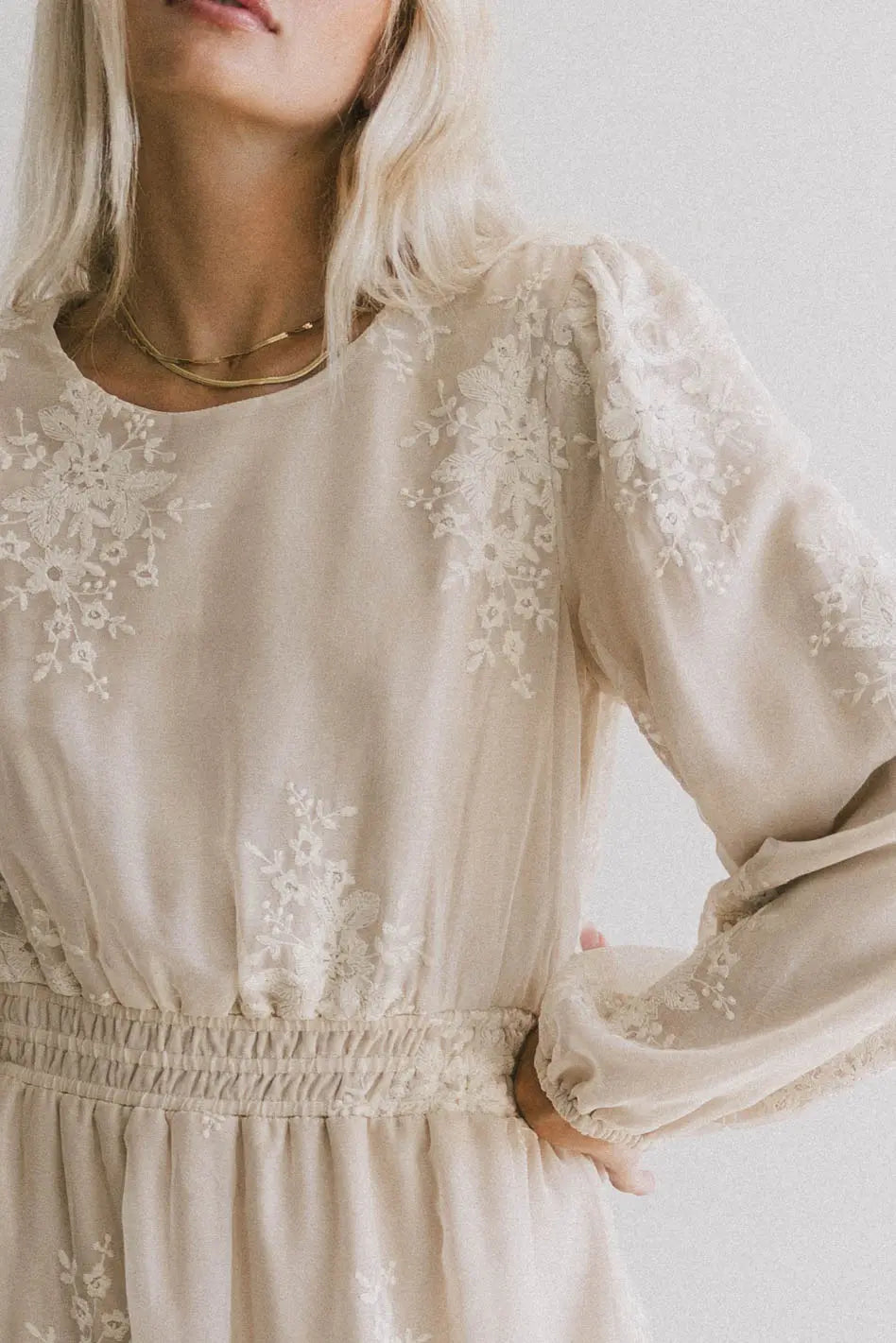 Andee Embroidered Midi Dress in Champagne - Floral Lace Summer Wedding Guest Dress for Women, Perfect for Garden Parties & Formal Events - FINAL SALE
