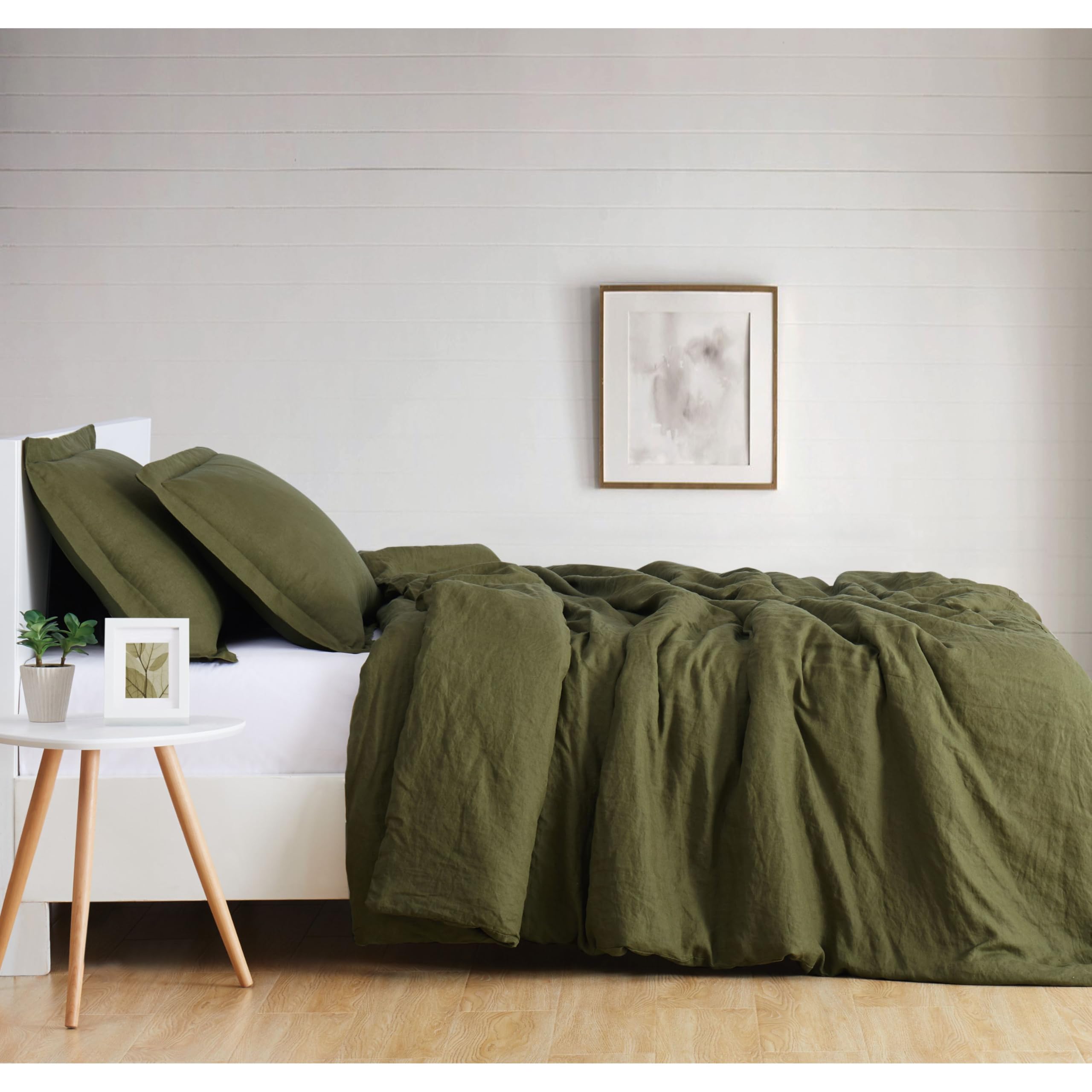 Premium Olive Green Linen Duvet Cover Set King Size - 3 Piece Brookyln Loom Bedding Set | OEKO-TEX Certified 100% Natural Linen | Soft Breathable Comfort for All Seasons | Perfect for Master Bedroom, Guest Room & Vacation Homes