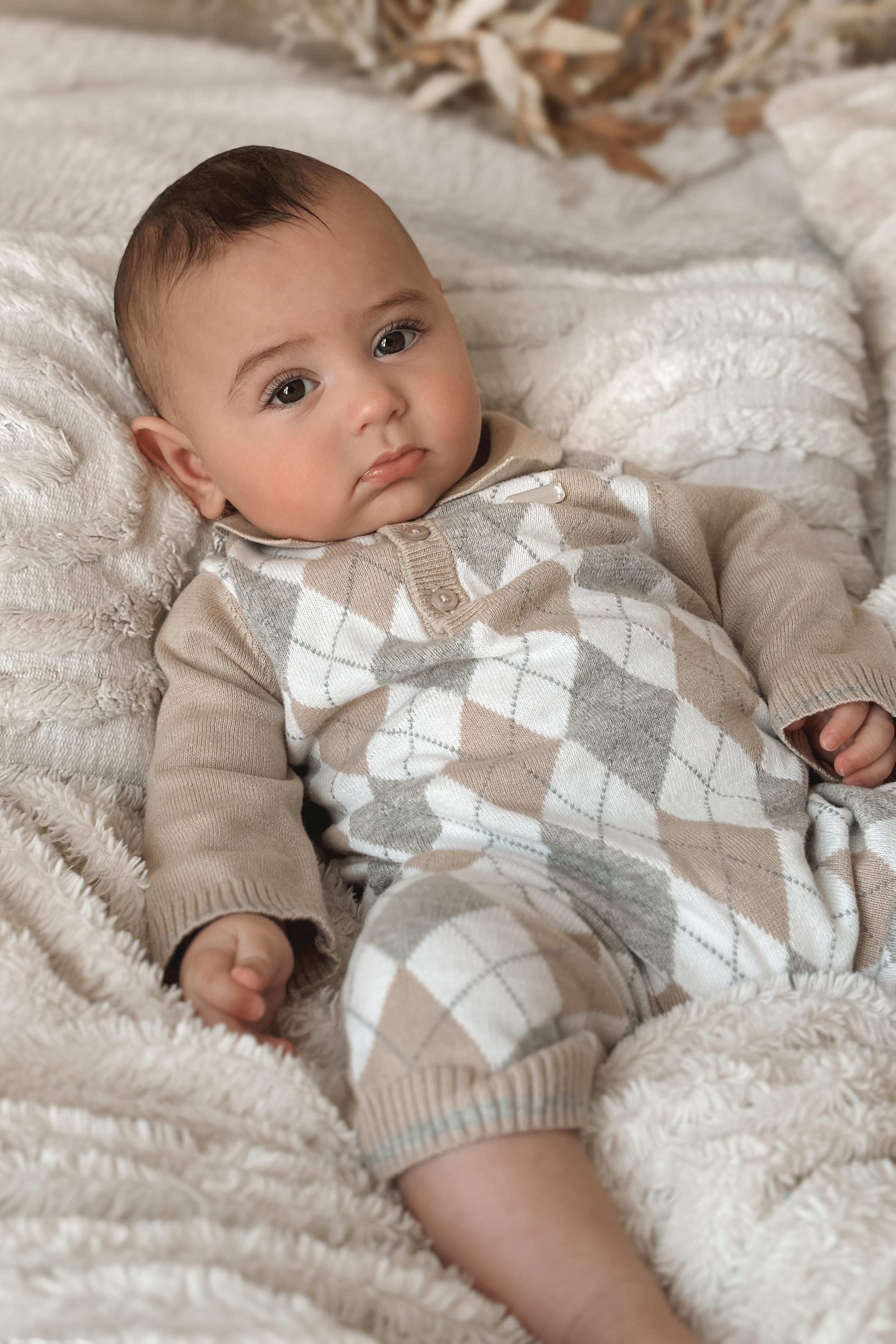 Logan Beige & Grey Argyle Knit Romper for Baby - Soft Cotton Jumpsuit with Diamond Pattern - Perfect for Photoshoots, Family Outings & Special Occasions