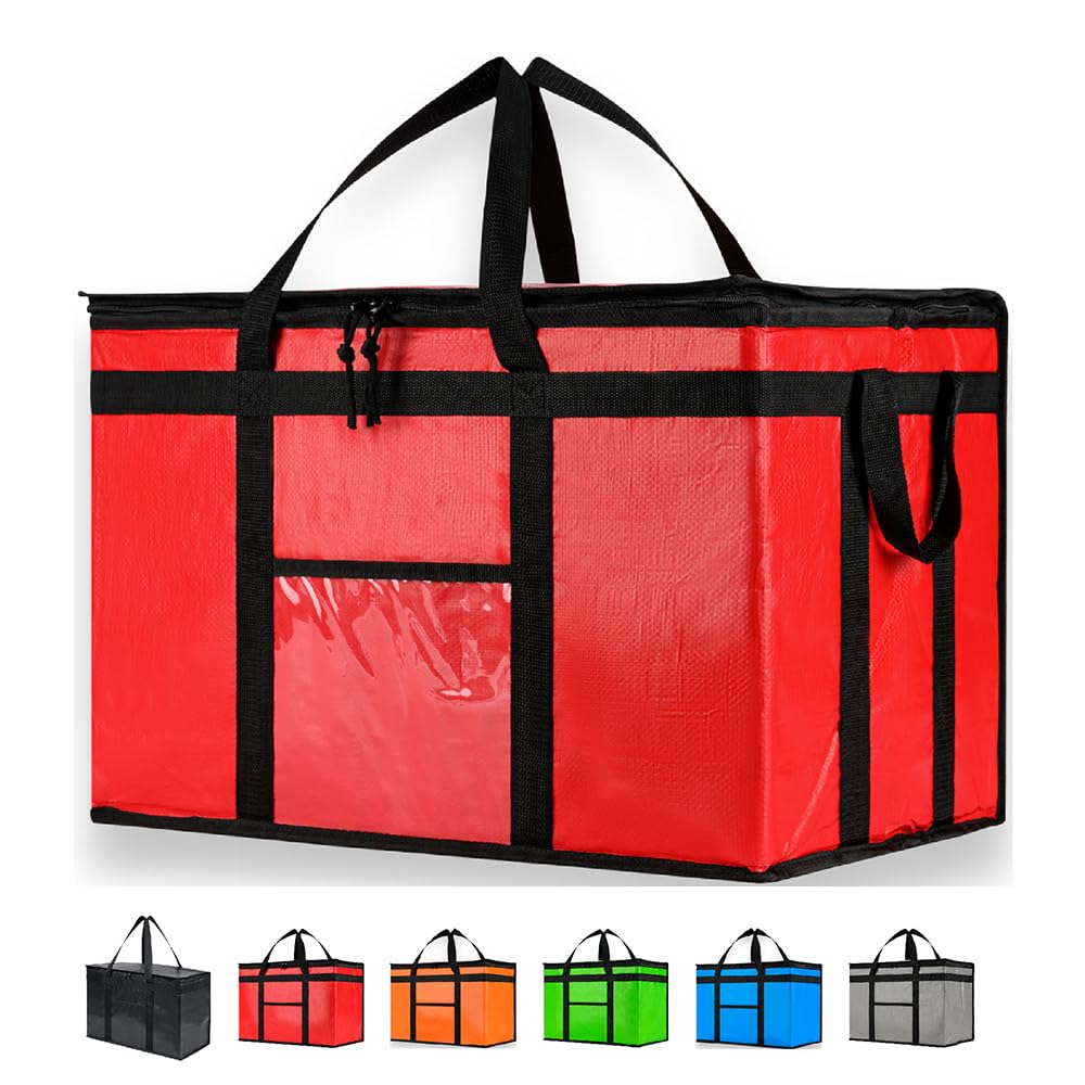 Durable 3XL PRO Insulated Cooler Bag & Food Warmer - Heavy Duty Commercial Grade with Zippered Top for Food Delivery, Grocery Shopping, Picnics & Outdoor Activities (Red, 1 Pack)