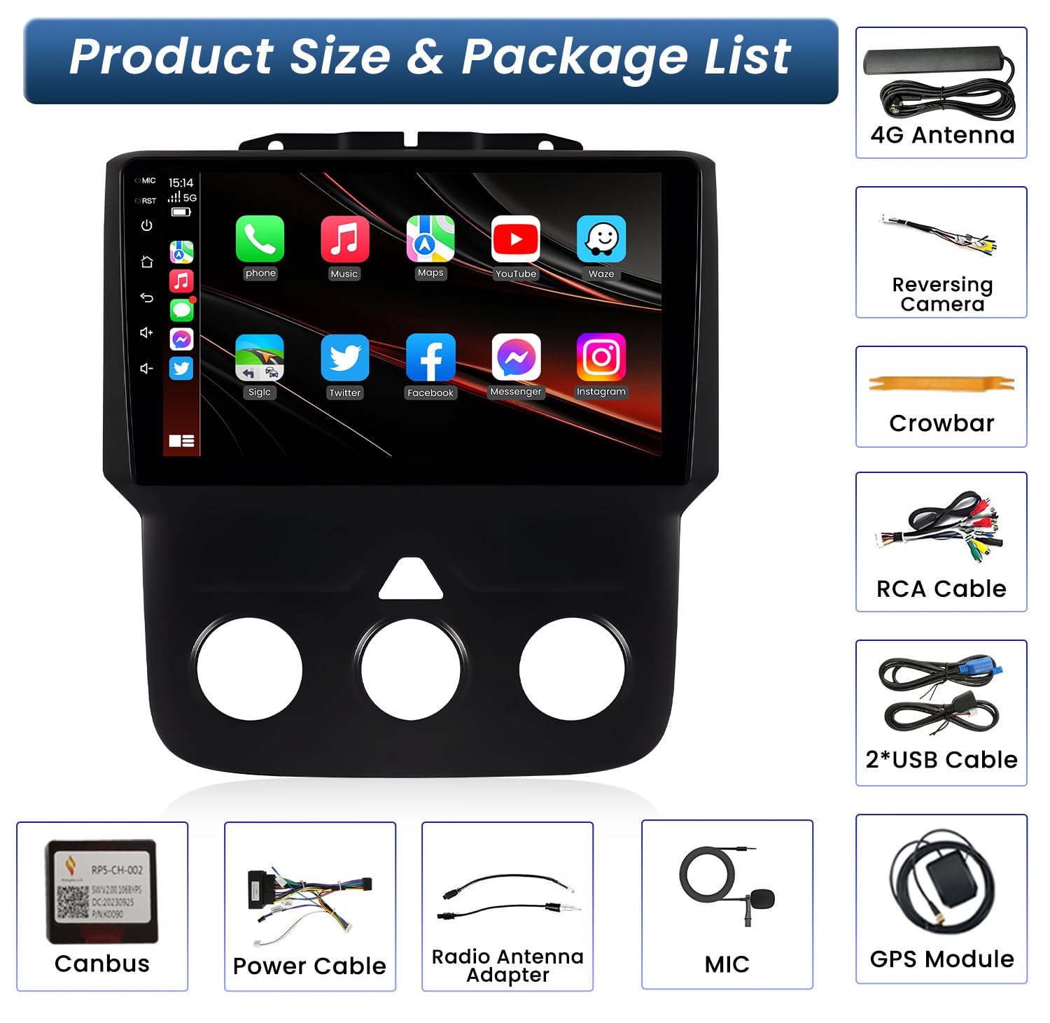 5G WiFi Car Stereo Radio for Dodge Ram 1500/2500/3500 (2013-2018) - Wireless Apple CarPlay & Android Auto - 4GB RAM 32GB ROM - 7