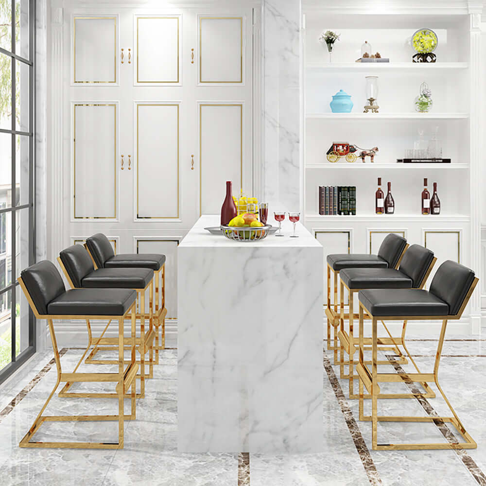 White PU Leather Bar Stool with Gold Legs & Footrest - Modern Counter Height Stool for Kitchen Island, Breakfast Bar & Home Decor