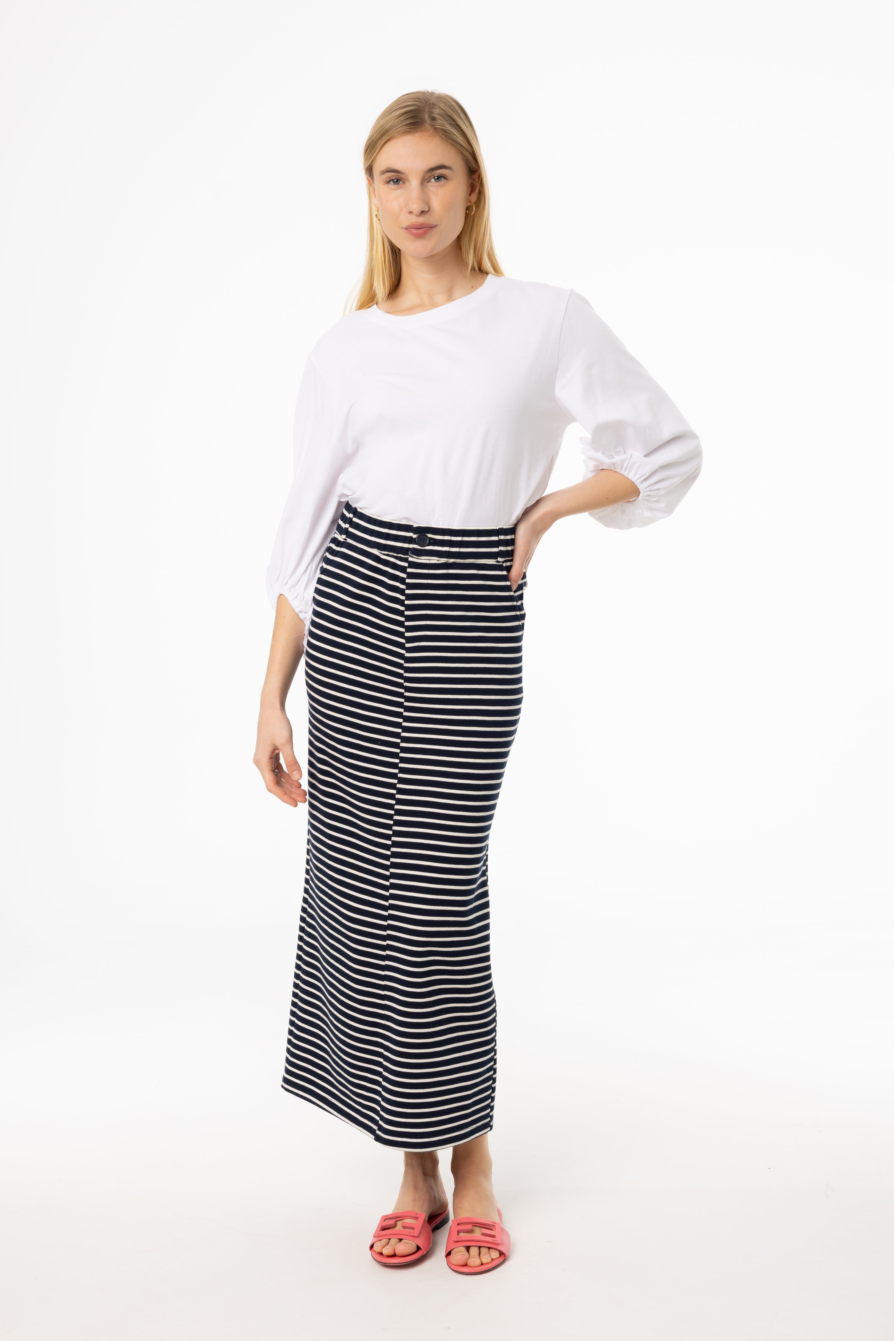 Navy Blue Striped Stretch Maxi Skirt for Women - Comfortable Long Flowy Skirt for Summer, Beach, Vacations & Casual Outings