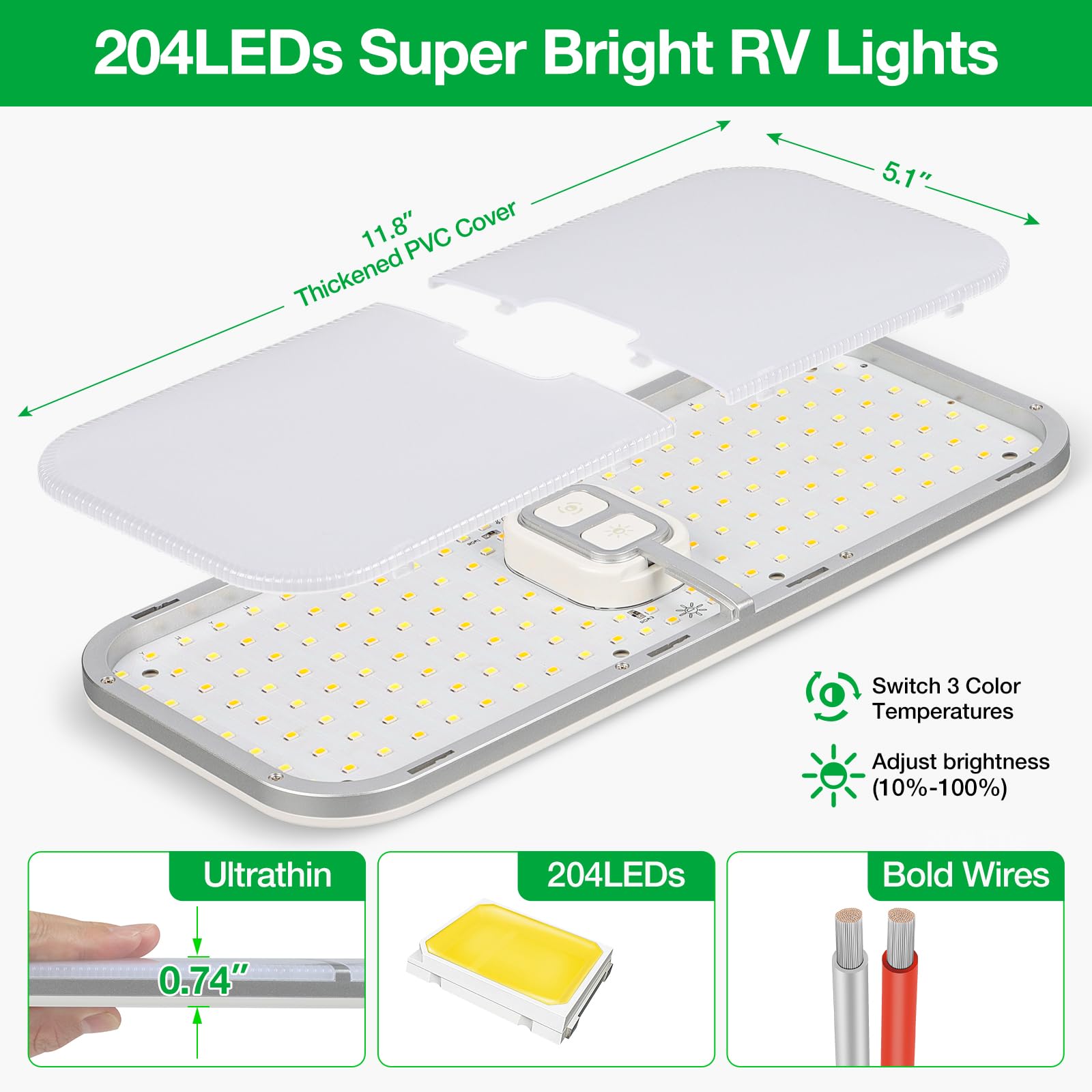 **1800LM 204 LED Dimmable RV Interior Lights - 12V RV Ceiling Dome Light with Switch (Warm/Cool/Natural White) - 5 Pack for RV, Camper, Trailer, Boat - Perfect for Nighttime Reading & Cozy Ambiance**
