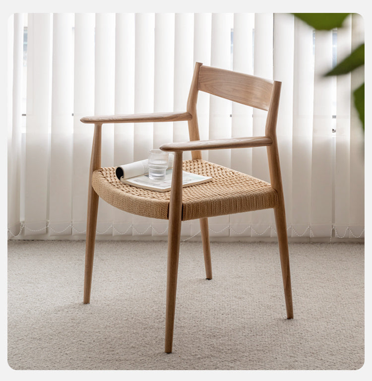 Solid Oak Wood Rope Woven Armchair - Handcrafted Leisure Chair for Living Room, Patio & Garden - Perfect for Relaxing, Reading & Outdoor Lounging