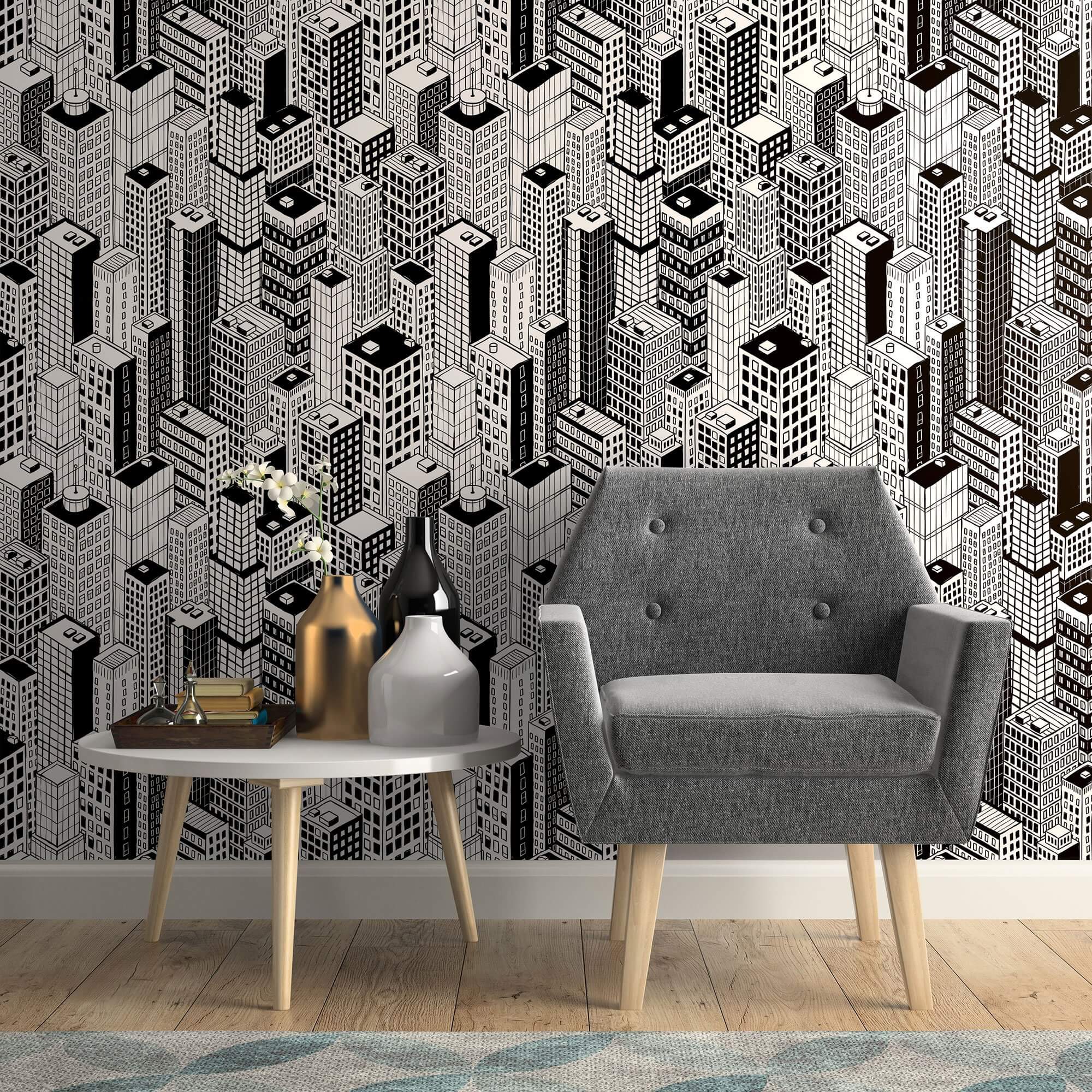 Black and White City Themed Peel and Stick Removable Wallpaper 3098 - Self-Adhesive Wall Decal for Home & Office Decor - Perfect for Living Rooms, Bedrooms, and Workspaces