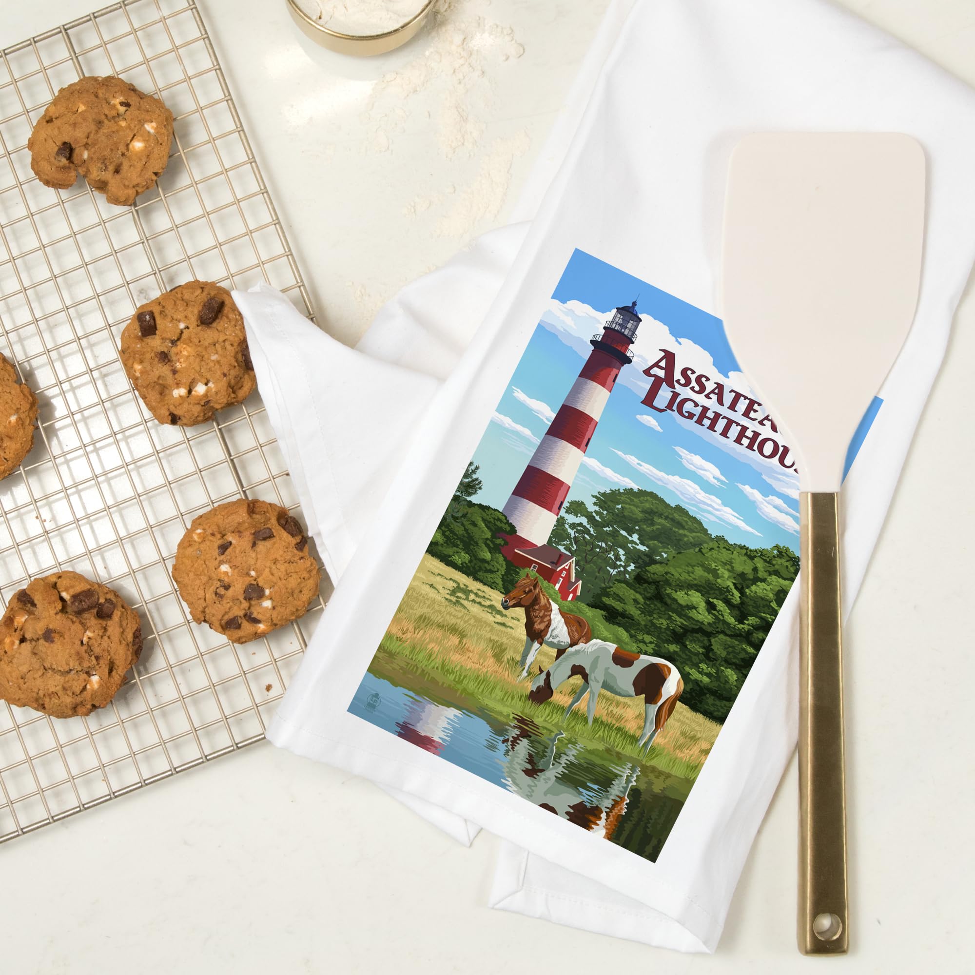Lantern Press Assateague Virginia Lighthouse and Horses 100% Cotton Tea Towel - Decorative Kitchen Hand Towel for Home Decor, Dish Drying & Coastal Themed Gifts