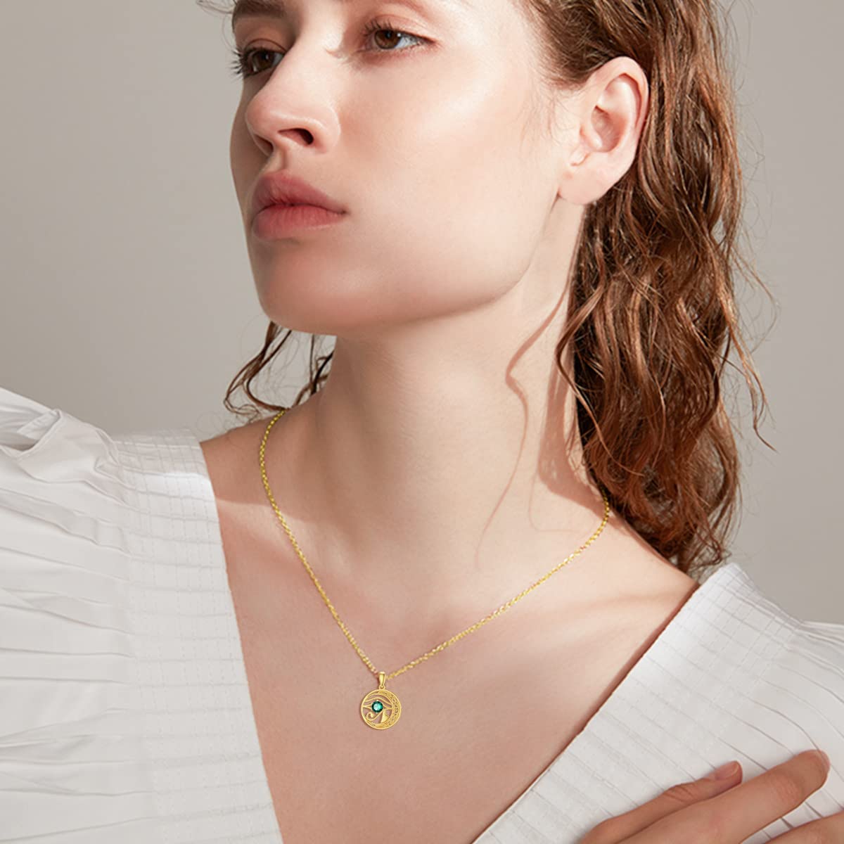 14K Gold Eye of Horus Necklace with Genuine Emerald - Irish Celtic Knot Pendant for Women, Elegant 16