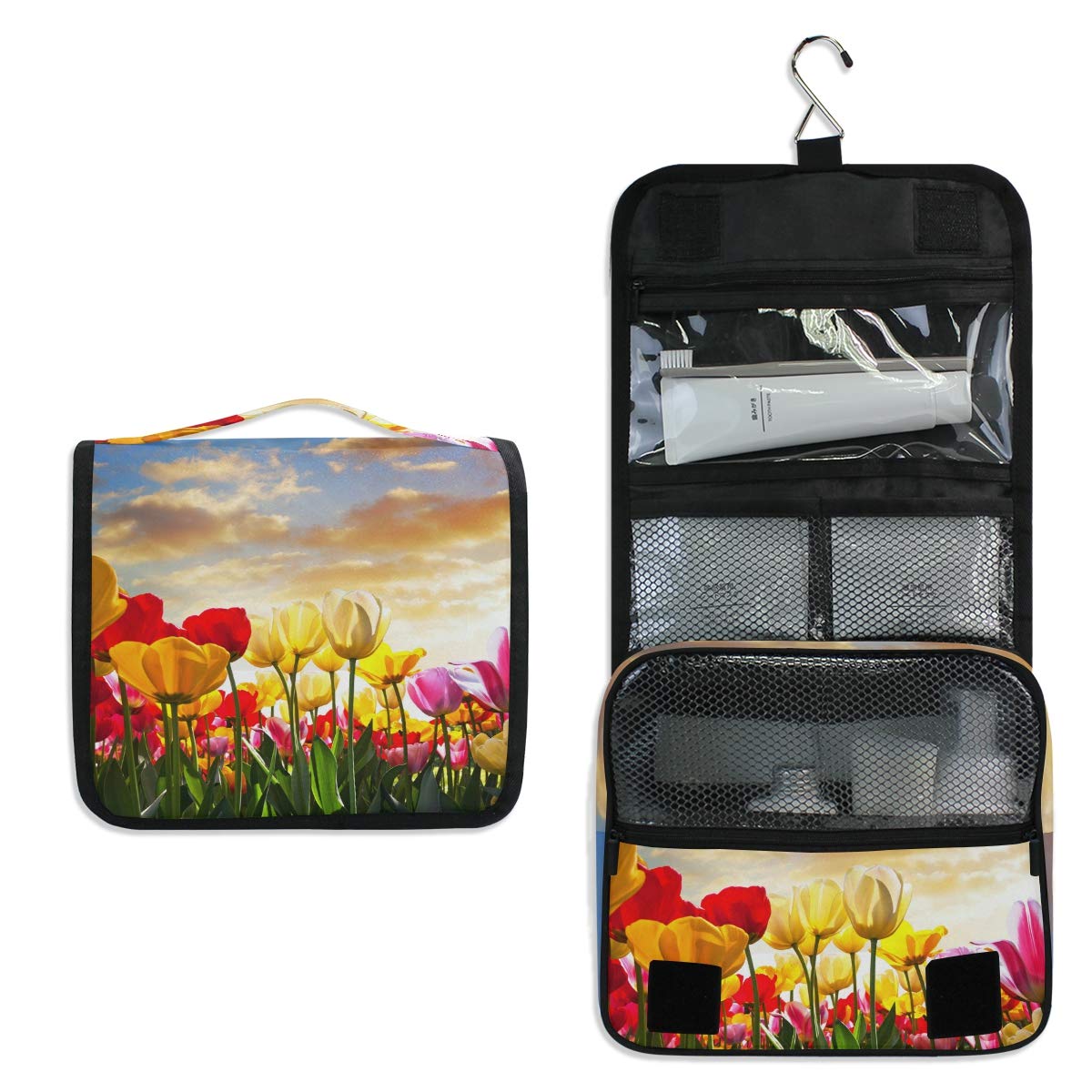AGONA Hanging Toiletry Bag for Travel - Waterproof Cosmetic Organizer with Sturdy Hook, Blue Sky Tulip Floral Design for Women & Men - Perfect for Bathroom, Camping, Gym & Vacation Essentials Storage