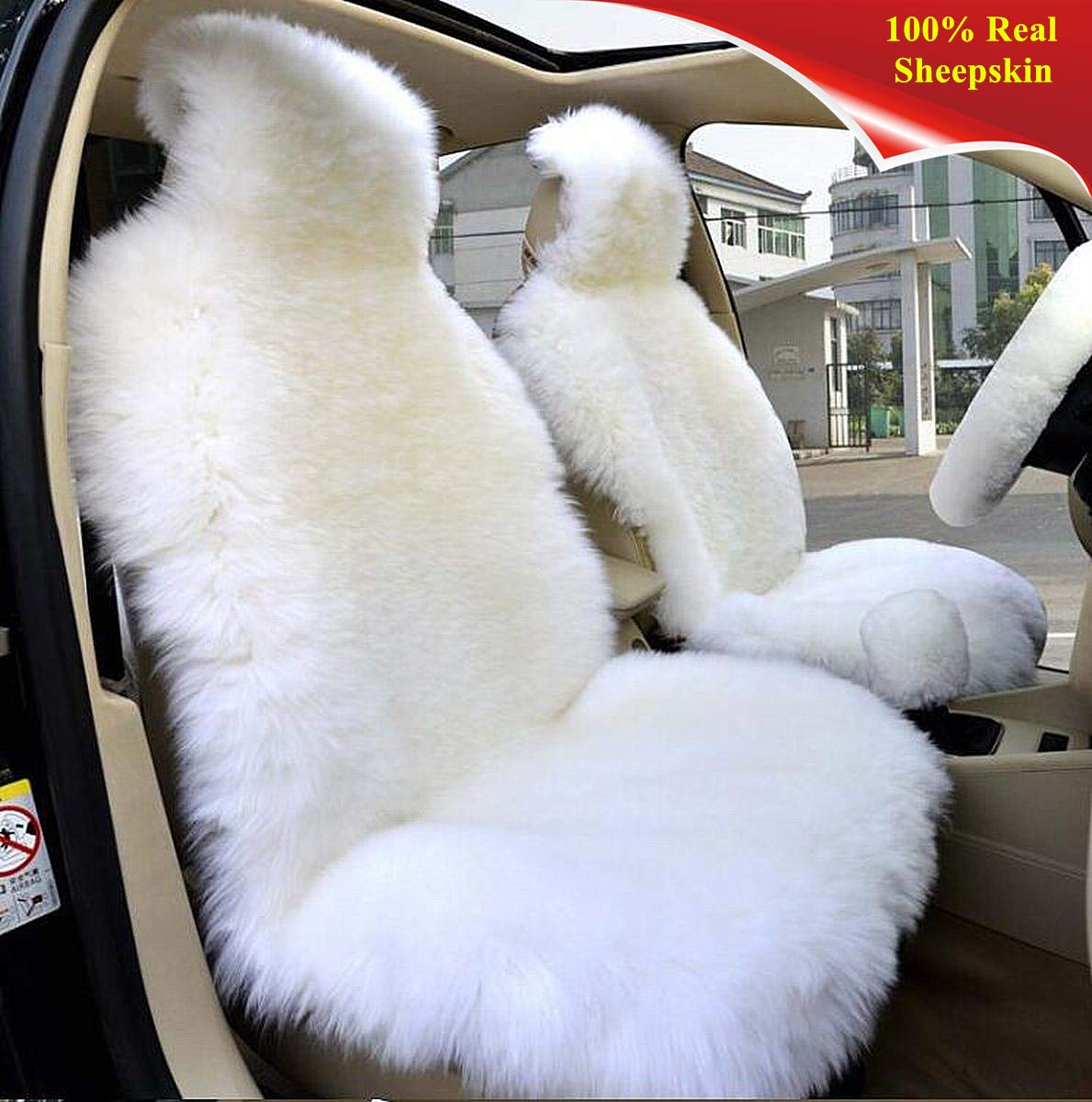 Premium Australian Sheepskin Car Seat Cover - Winter Warm Long Wool Front Seat Protector for Cars, Trucks, SUVs & Vans (White) | Luxury Comfort & Protection for Cold Weather Driving