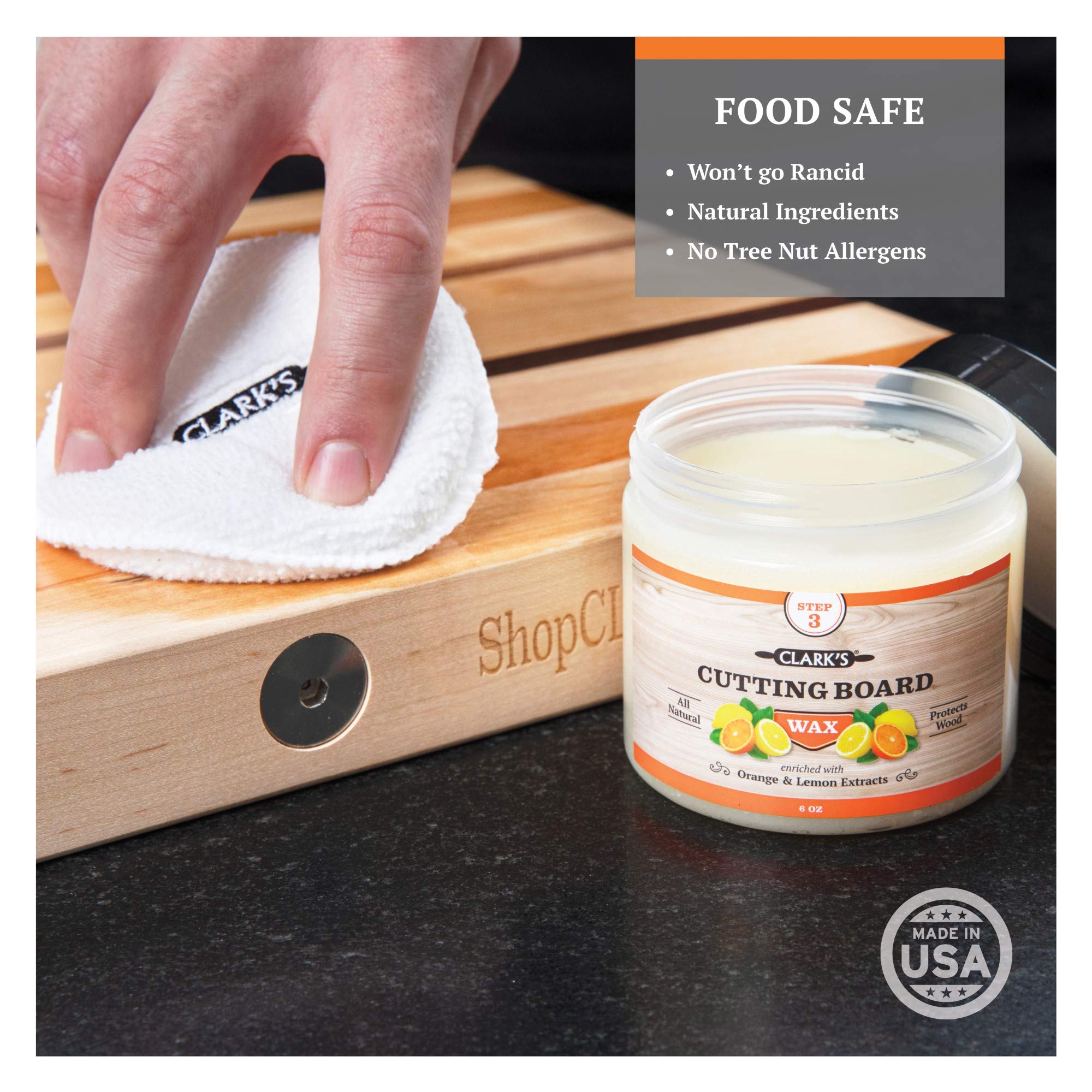 CLARK’S Wood Cutting Board Oil and Wax Kit – 12oz Food Grade Mineral Oil & 6oz Finishing Wax with Applicator & Buffing Pad – Natural Lemon & Orange Extract for Cleaning & Protecting Wooden Cutting Boards, Kitchen Utensils, and Butcher Blocks – Perfect for Home Chefs and Professional Kitchens